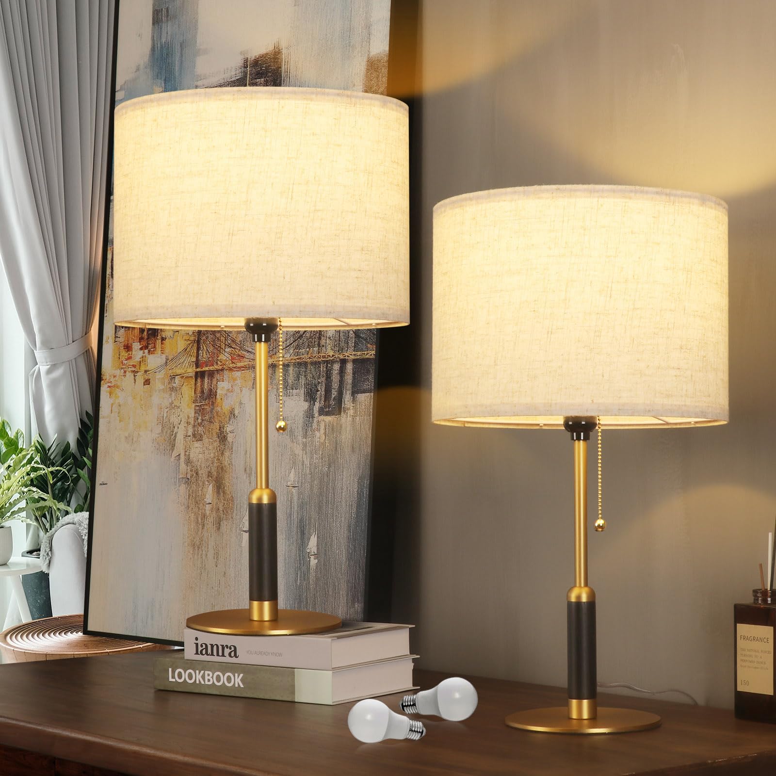 PSDSSHIIS 21 Set of 2 Mid Century Modern Table Lamp with Pull Chain Switch  3-Color Bedside Lamps for Bedroom Living Room  Solid Wood/Metal/Fabric Nightstand Lamp for Home Office (Light Brown+Brass)