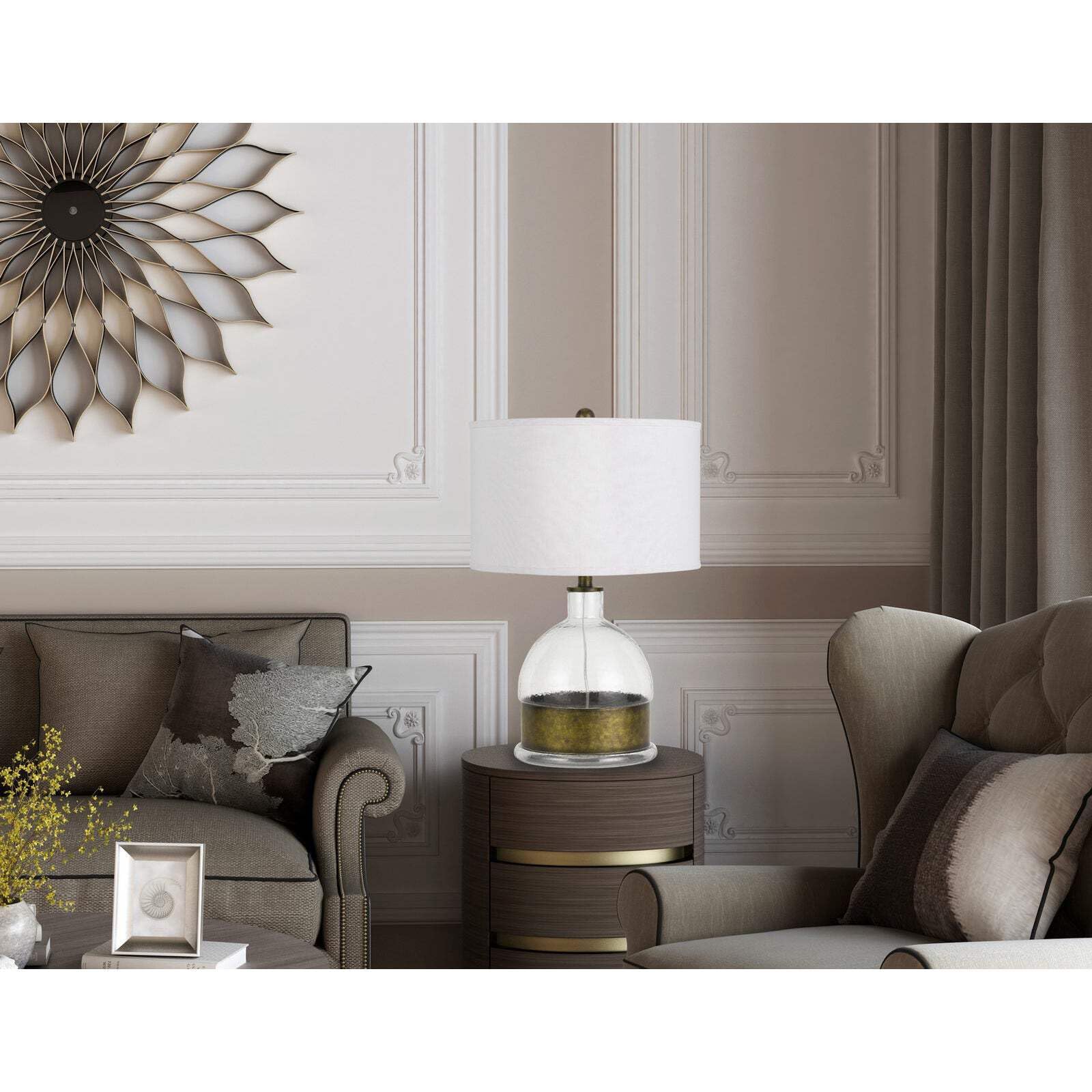 Homeroots 25 In. Clear Glass Table Lamp With White Drum Shade, Model 524768