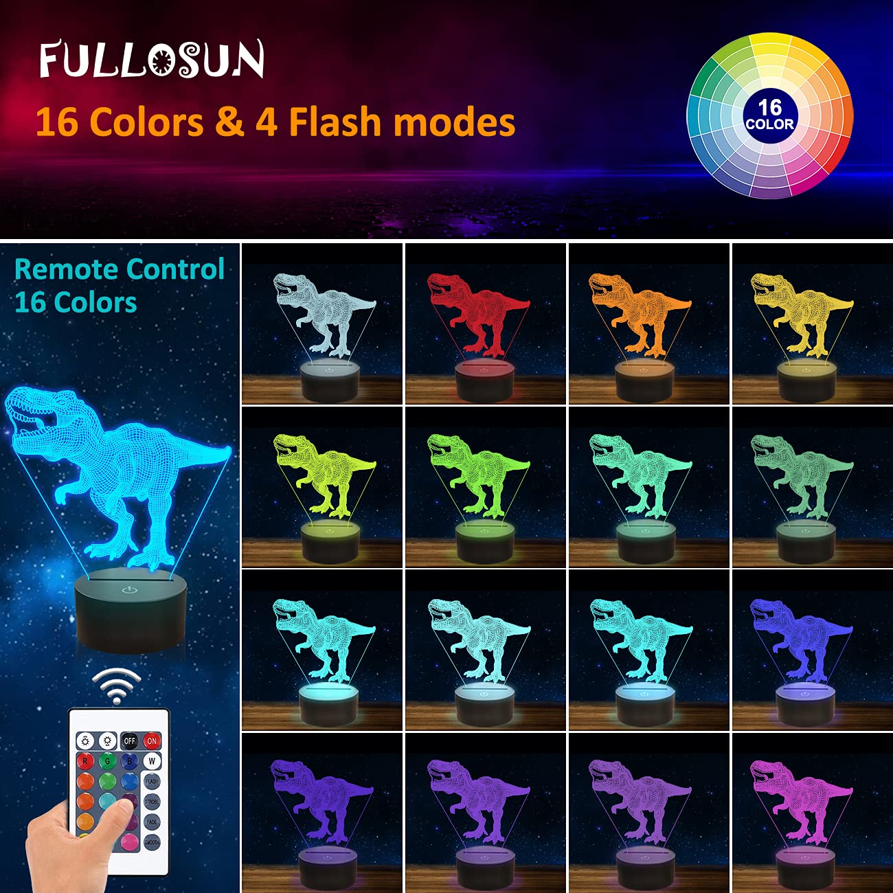 FULLOSUN Dinosaur Gifts, Night Light for Kids Dinosaur T-rex 3D Night Light Bedside Lamp with Remote Control 16 Color Changing X