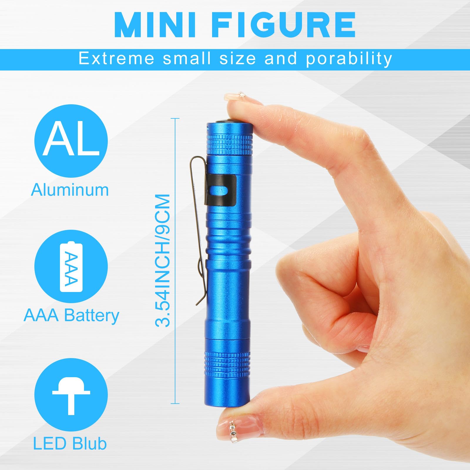 Hortsun Mini Pen Light Flashlight - 3.54 Inch, Blue, Aluminum, Pocket Size, Clip-On, LED Torch, 20 Pcs for Gifts