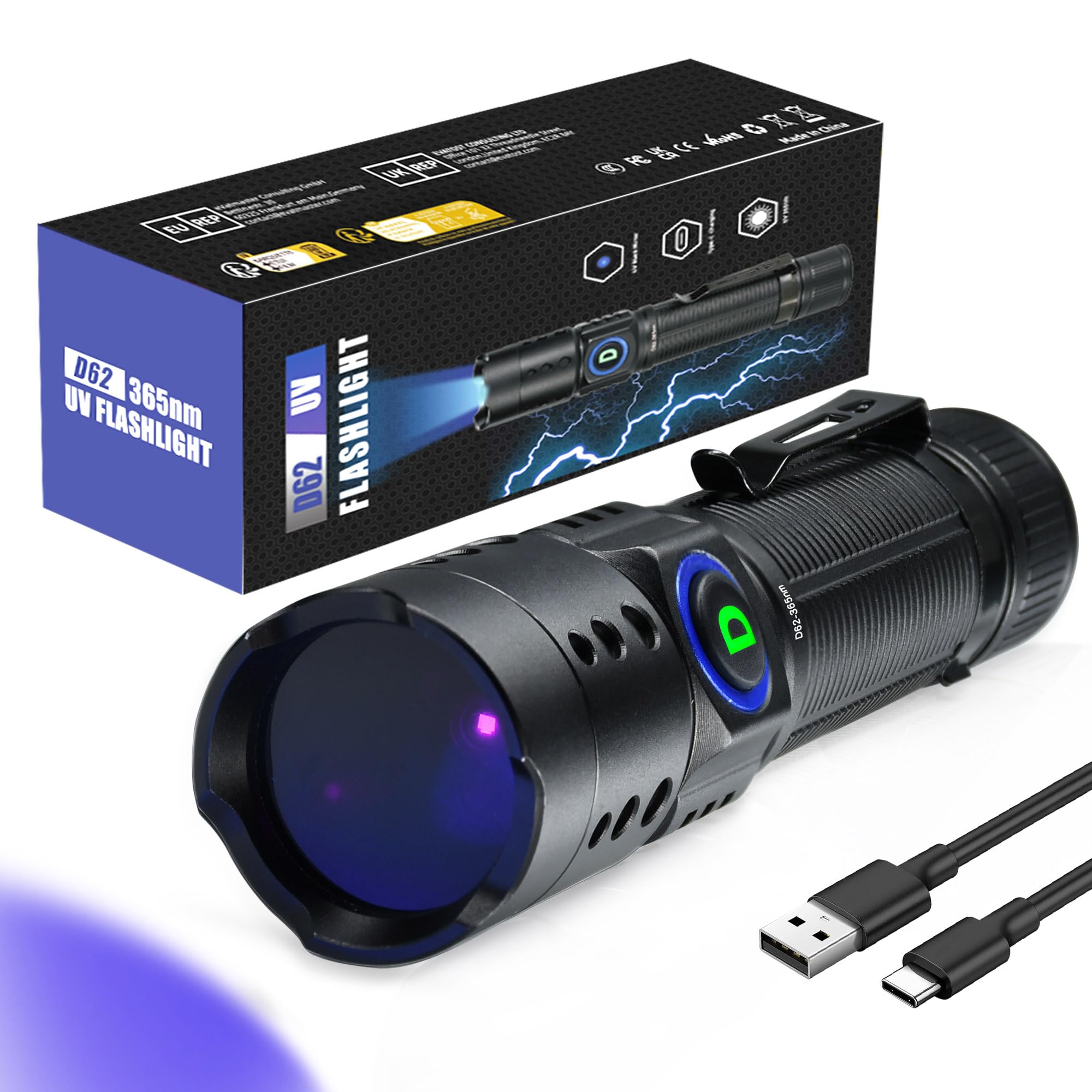 DARKDAWN UV Flashlight 365nm Blacklight ,Mini USB-C Rechargeable LED with Black Mirror, Woods Lamp Powerful Fluorescent Portable