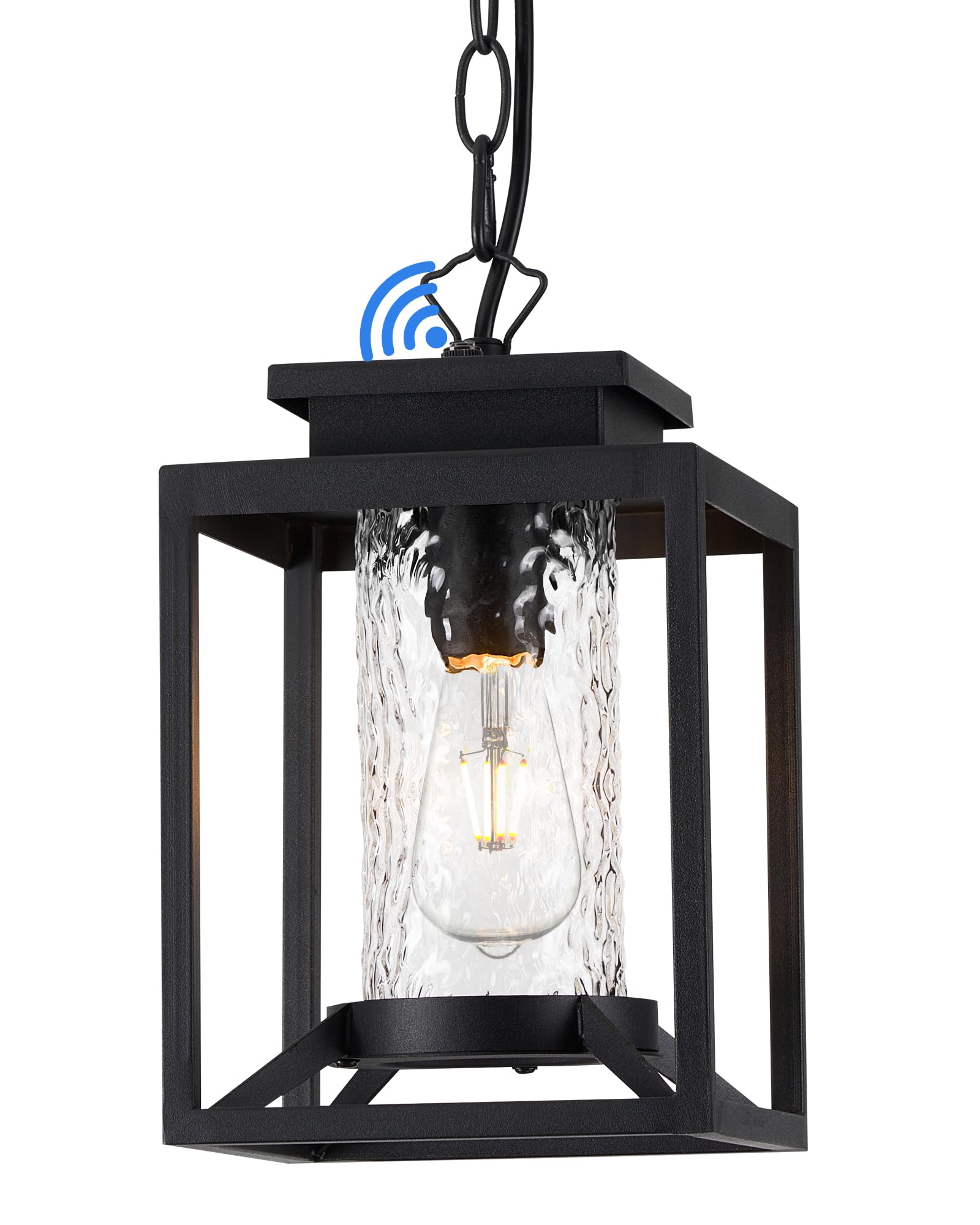 Osimir Outdoor Pendant Light, Black Metal Porch Chandelier with Hammered Glass, Adjustable Chain, Model OS-KY1001, Small Size