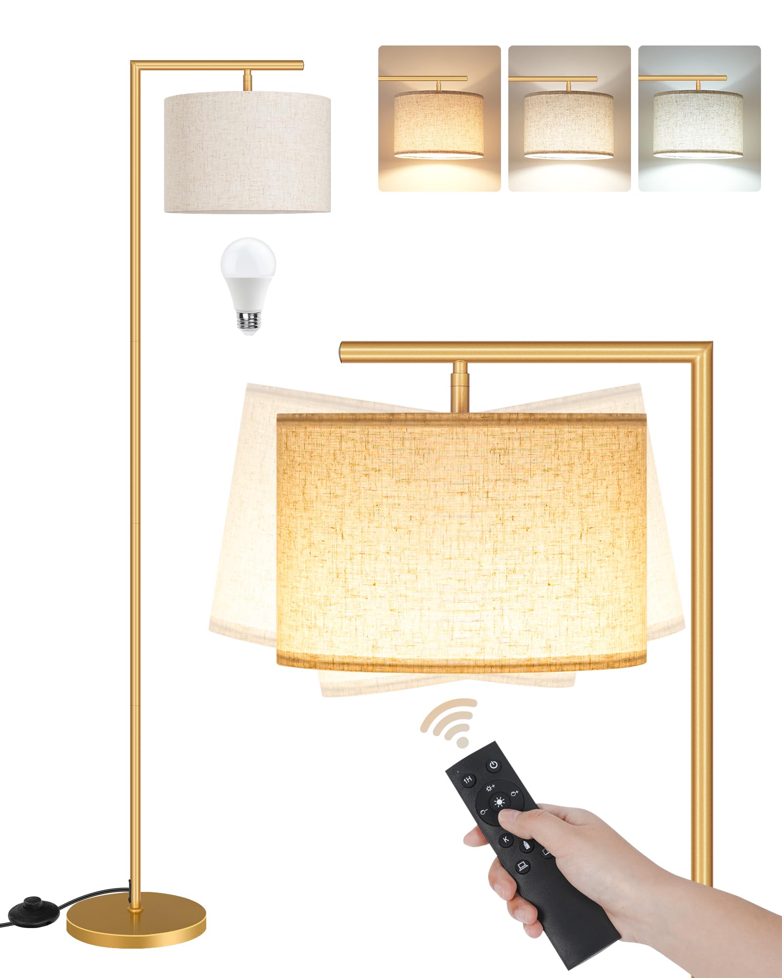 GOEBLESON Modern Dimmable Floor Lamp for Living Room, Corner Tall Lamp with Fabric Shade, LED Bulb Included, Arched Reading Ligh