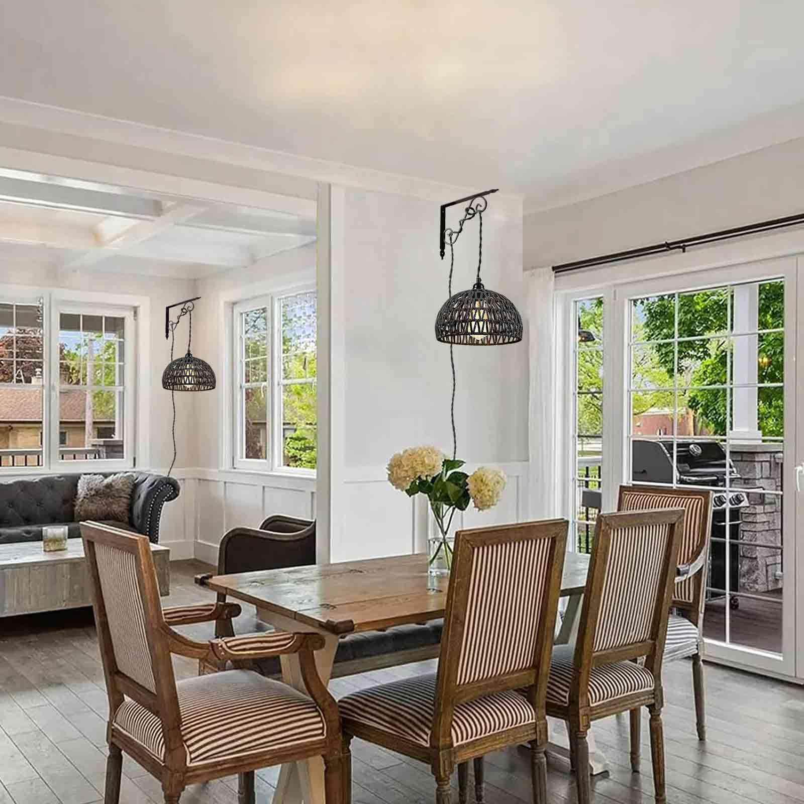 Arcomead Black Woven Rattan Pendant Light With Hemp Cord - Coastal Chandelier For Home Decor