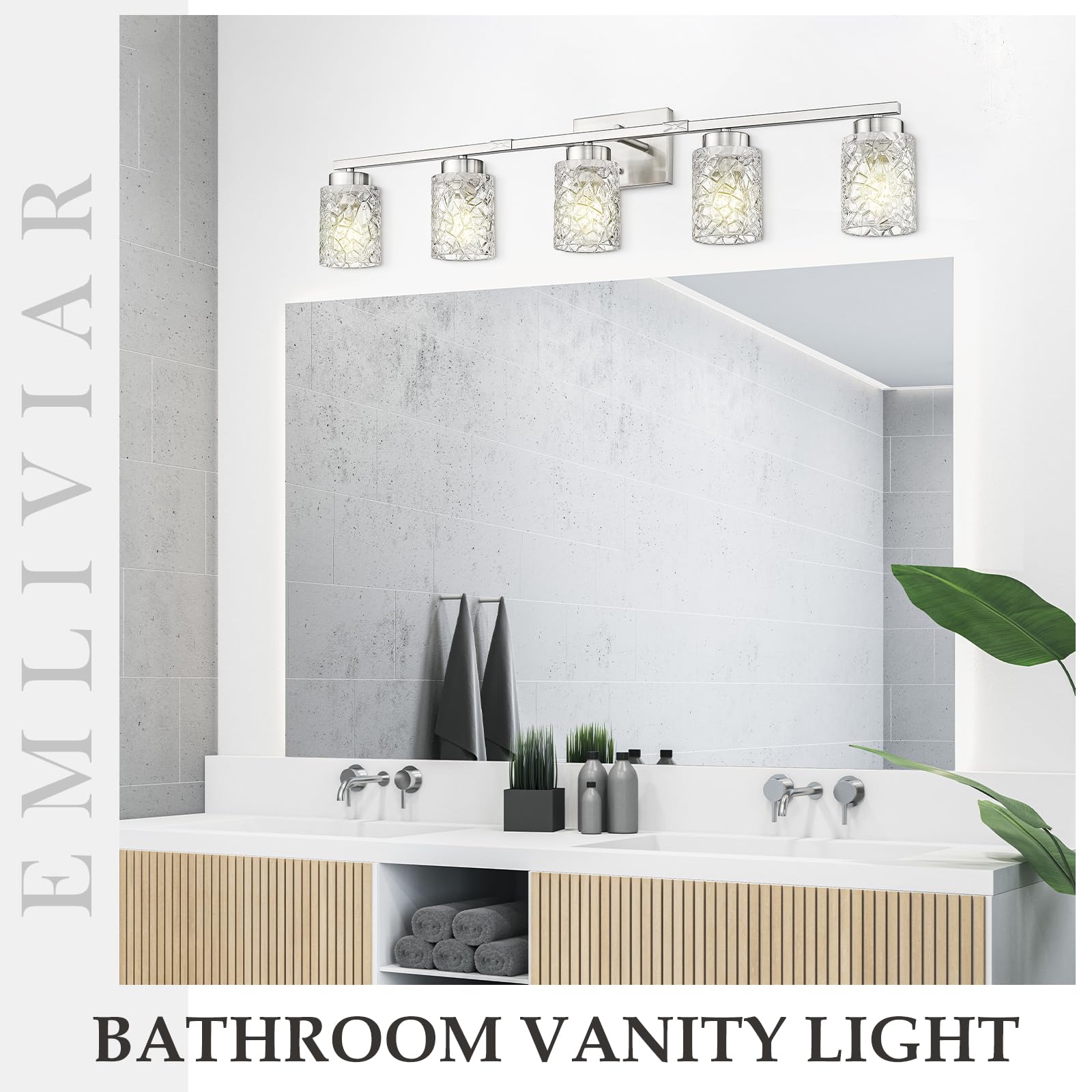Emliviar 5-Light Modern Bathroom Vanity Light With Clear Geometric Glass, 40    Modern Brushed Nickel Bathroom Wall Light, E26 B