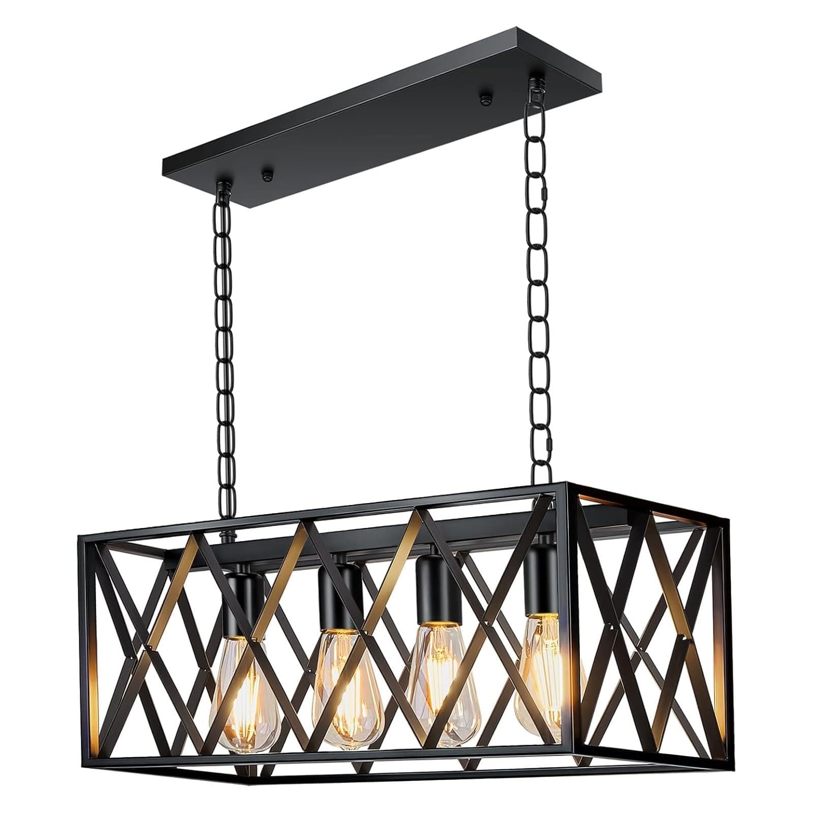 Pynsseu Industrial Kitchen Island Pendant Light, 4-Light, Rectangular, Metal, Black, Vintage Rustic