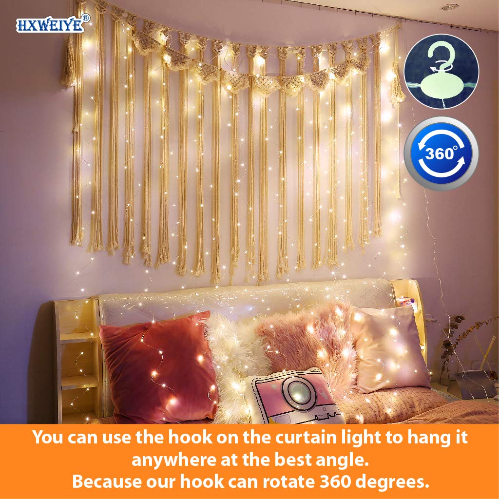 HXWEIYE Curtain Fairy Lights, 300LED Warm White, 9.8x9.8Ft, Copper Wire, Includes Clips & Hooks, Model HY100150-300