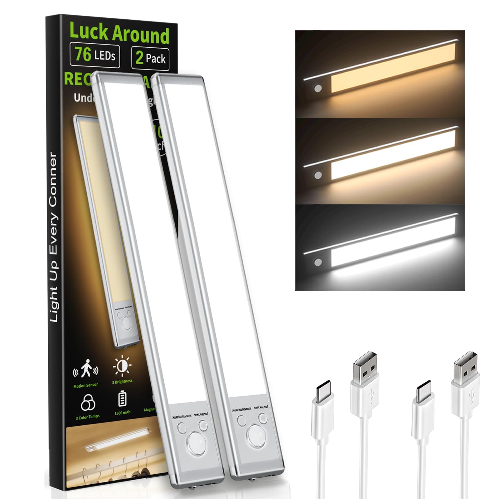 LUCK AROUND 6 Pack Under Cabinet Lighting, Motion Sensor Light, 10-Inch Rechargeable LED, Battery Powered White
