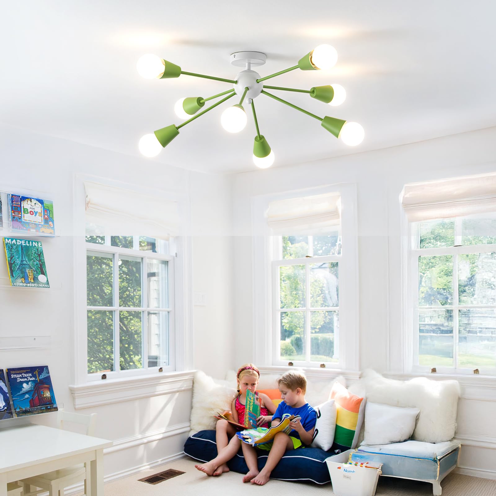 Ymlii Green Sputnik Ceiling Light Fixture, 8-Lights Modern Sputnik Chandeliers For Dining Room,Indoor Kitchen Island Lighting Fo