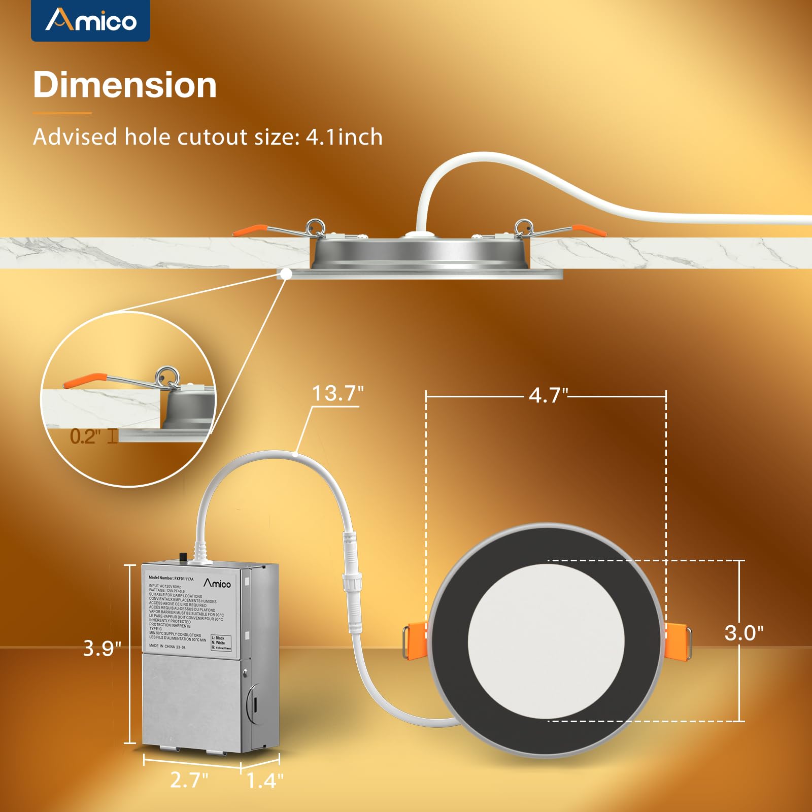 Amico 6 Pack Black 4 Inch 5Cct Led Recessed Ceiling Light With Night Light, 2700K/3000K/3500K/4000K/5000K Selectable Ultra-Thin