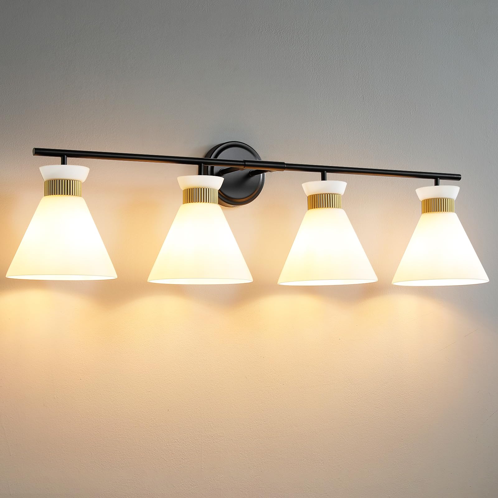 WOSHITU Bathroom Vanity Light Fixtures: 4-Light Mid Century Modern Vanity Lights for Bathroom Over Mirror, Black and Gold Wall S