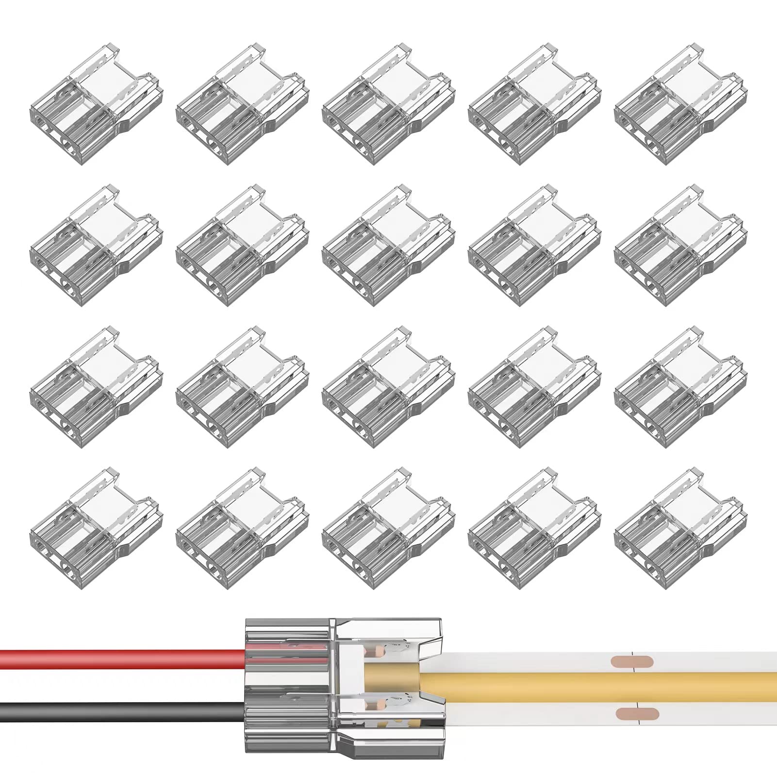 Visdoll Cob Led Light Strip Connectors 20Pcs 8Mm 2Pin Strip To Wires Led Tape Light Connectors,Transparent Solderless No Dark Area For Led Lights Connector Diy Cob/Smd Strip Lights