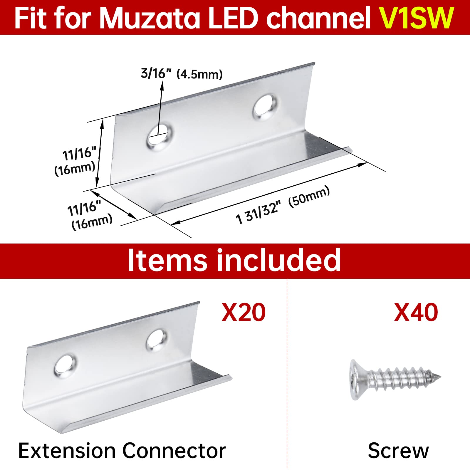 Muzata Extension Connectors for V-Shape LED Channel, Stainless Steel, Silver, Model LCB2, 20-Pack