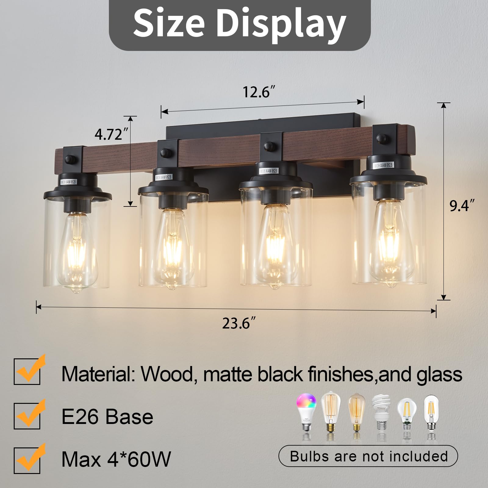 Aixialin 5 Bathroom Vanity Lights, Farmhouse Wooden Bathroom Light Fixture Over Mirror With Clear Glass, Wood Vanity Light For B