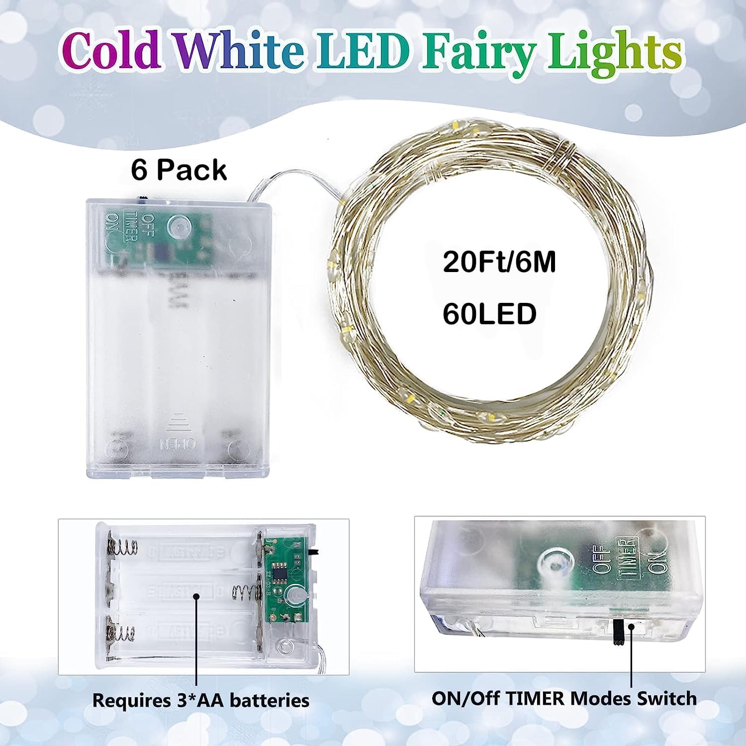 BOSSERN 6 Pack Fairy Lights, 20FT 60LED Battery Operated String Lights, Cool White, Indoor/Outdoor, Model DCHD-06-Coldwhite