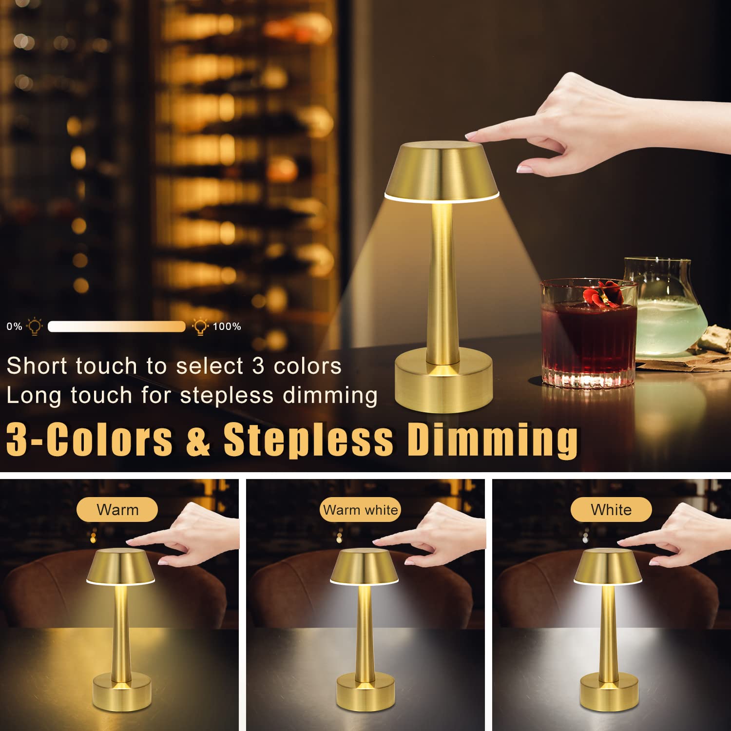 UMEXUS Rechargeable Cordless Table Lamp - 2 Pack, Small LED Touch 3-Color Dimming, Portable Gold Nightstand Lighting for Bedroom & Outdoor