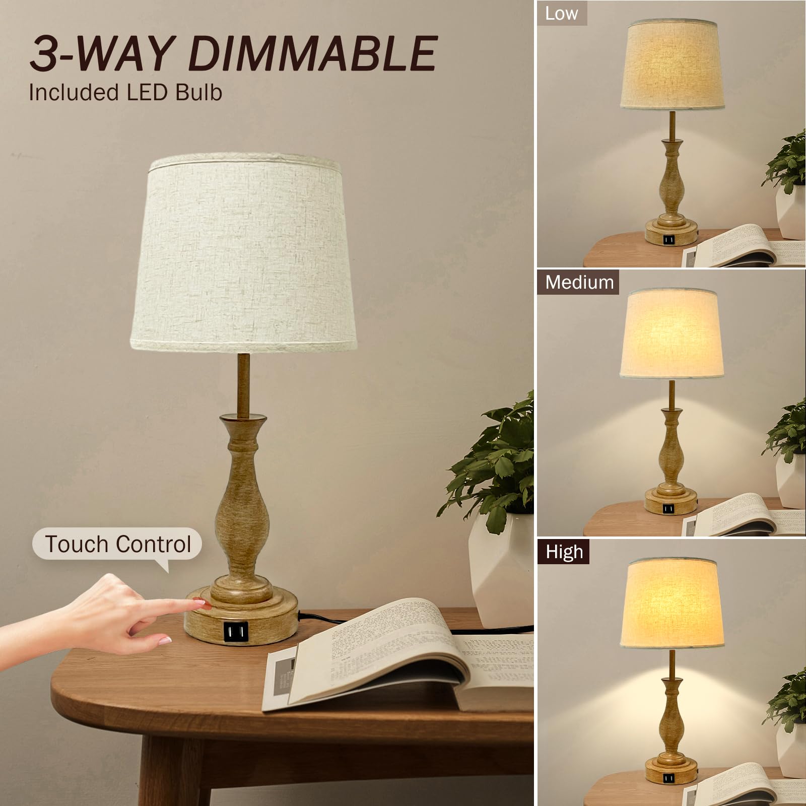 Farmhouse Table Lamp Touch Control 3-Way Dimmable Table Lamp, Modern Nightstand Lamp With 2 Usb Port Bedside Desk Lamp With Fabr
