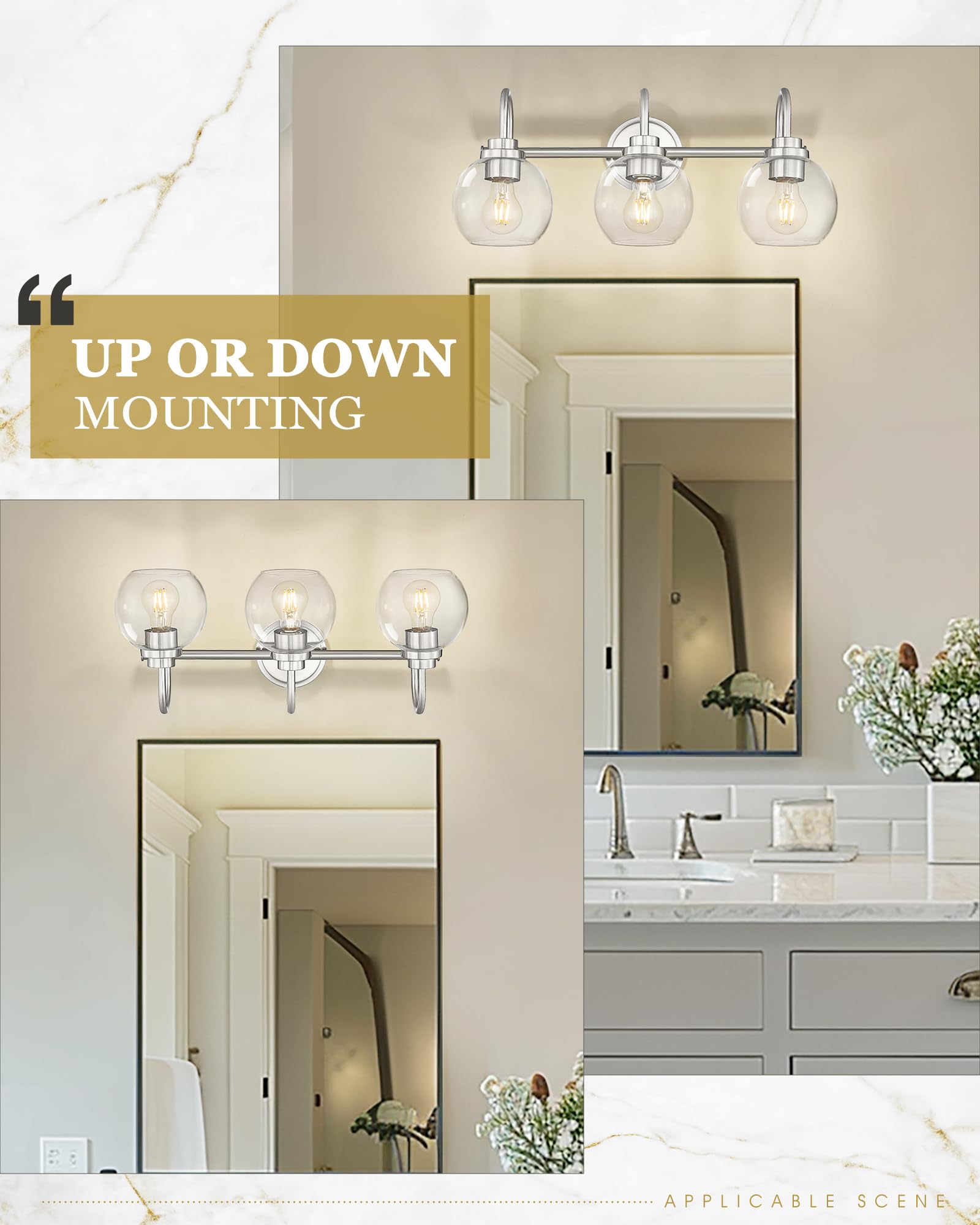 Audickic Bathroom Light Fixtures, 3-Light Brushed Nickel Vanity Lights Over Mirror With Globe Clear Glass, Modern Vanity Lighting Fixtures, Ad-22280-3W-Sn