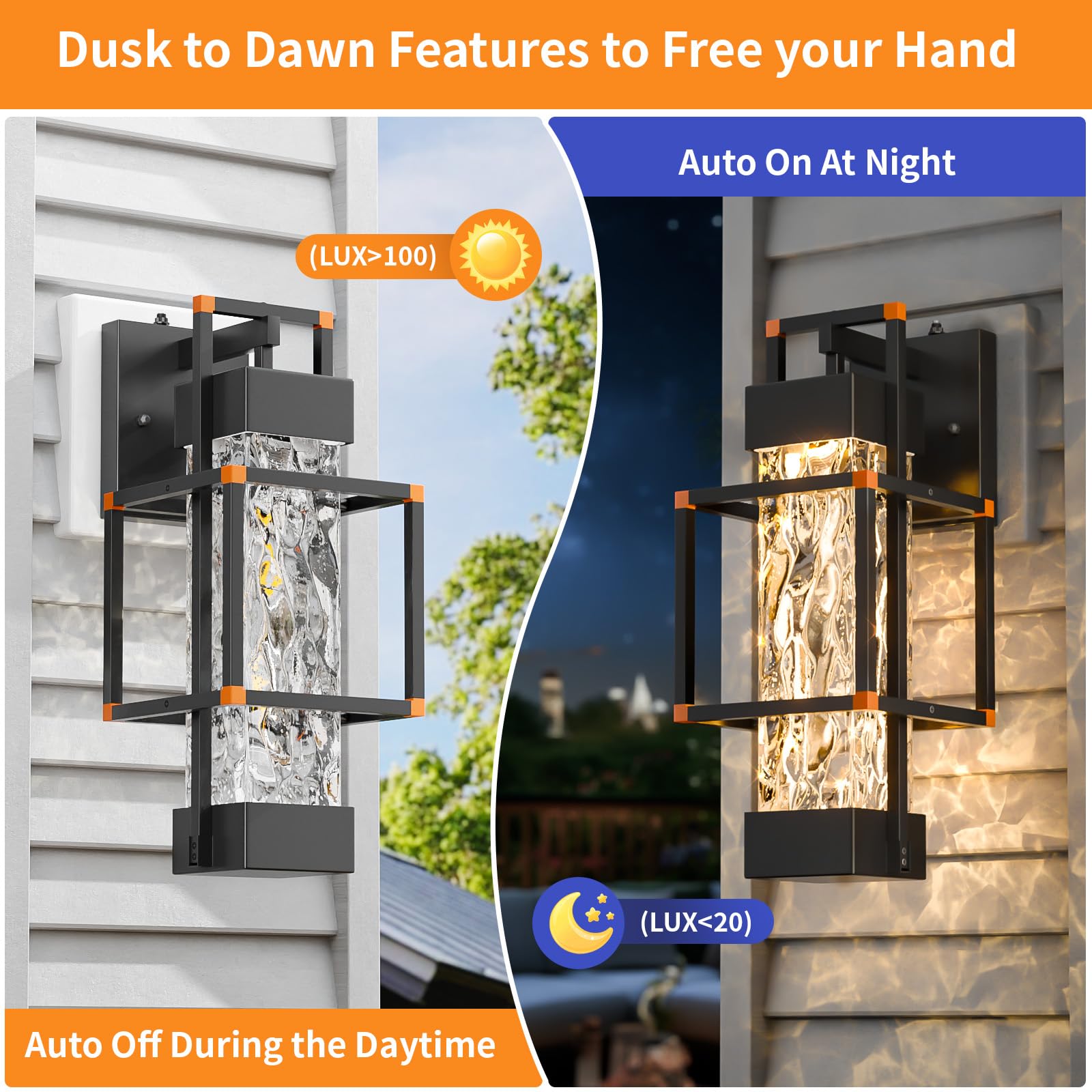 Hotsonic Dusk to Dawn Outdoor Wall Light Fixture, 14" Waterproof Aluminum Lantern, Orange, Model HS-0101