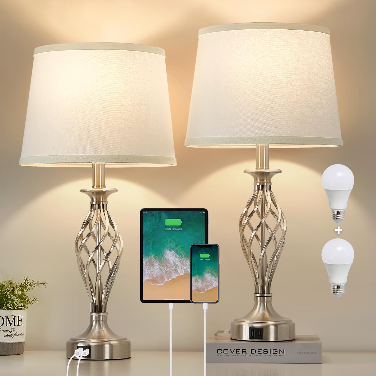 Table Lamp for Bedroom Set of 2 with USB C+A Ports, Modern Bedside Lamps with Spiral Cage Base, White Fabric Shade, Nightstand L