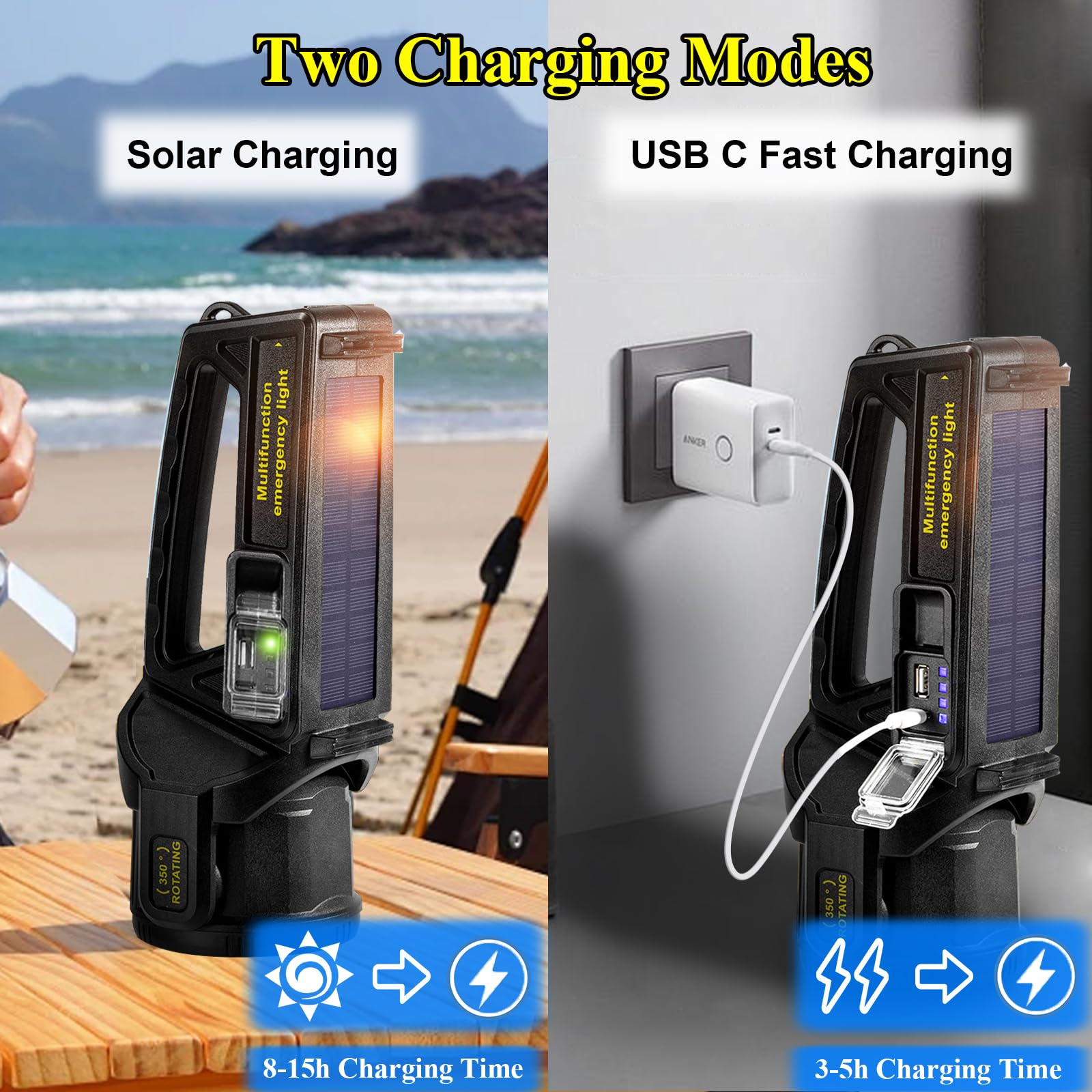 Rechargeable Spotlight, 2,000,000 Lumens Led Solar Spot Lights Outdoor Handheld Long Range Flashlight With 9 Modes, Solar Panels, Usb Output, Usb C, Ipx5 Waterproof For Fishing Boating (Large)