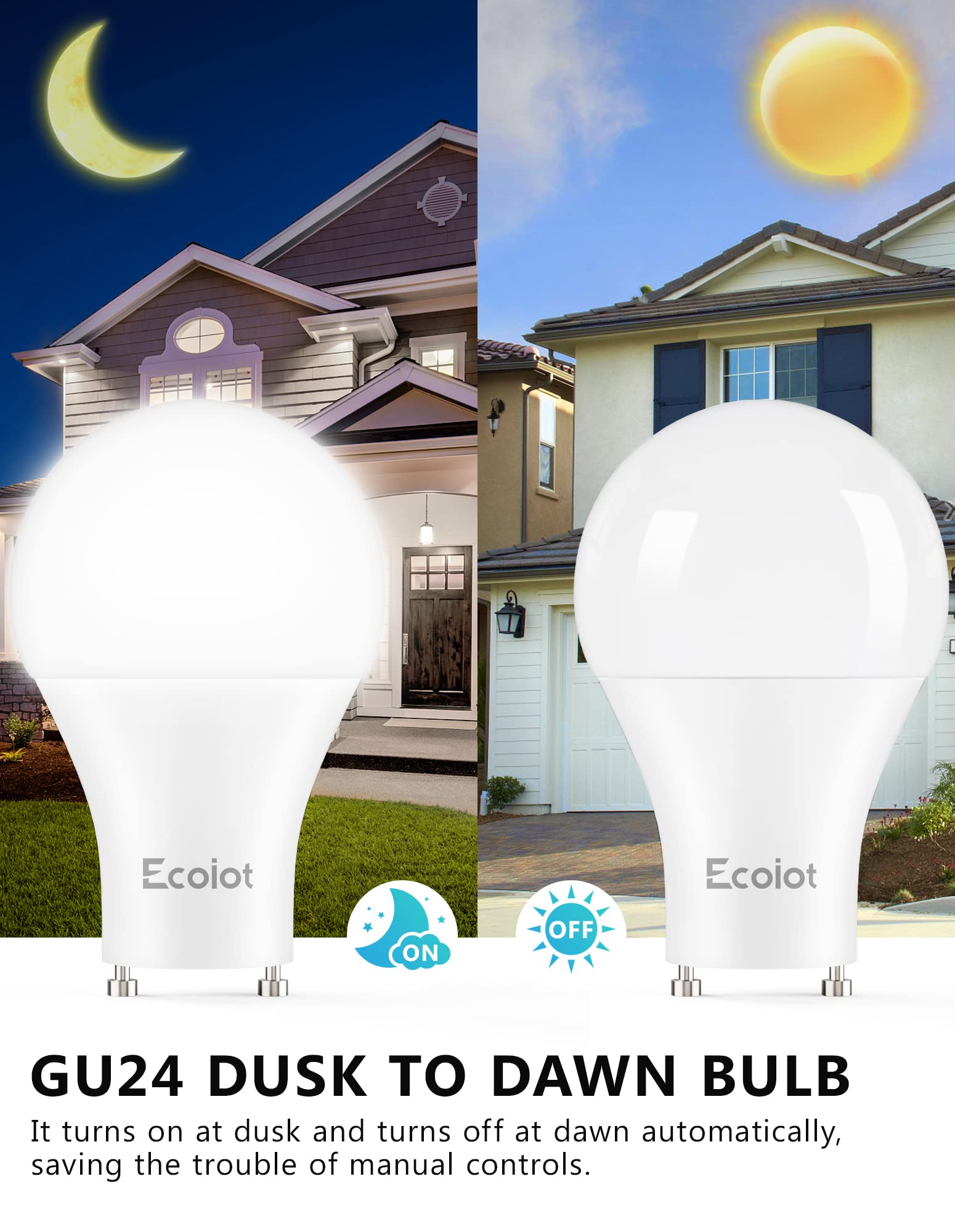 Ecoiot GU24 Dusk to Dawn LED Light Bulbs, A19 10W (90W Equivalent), 5000K Daylight, 4 Pack, Plastic & Aluminum Alloy
