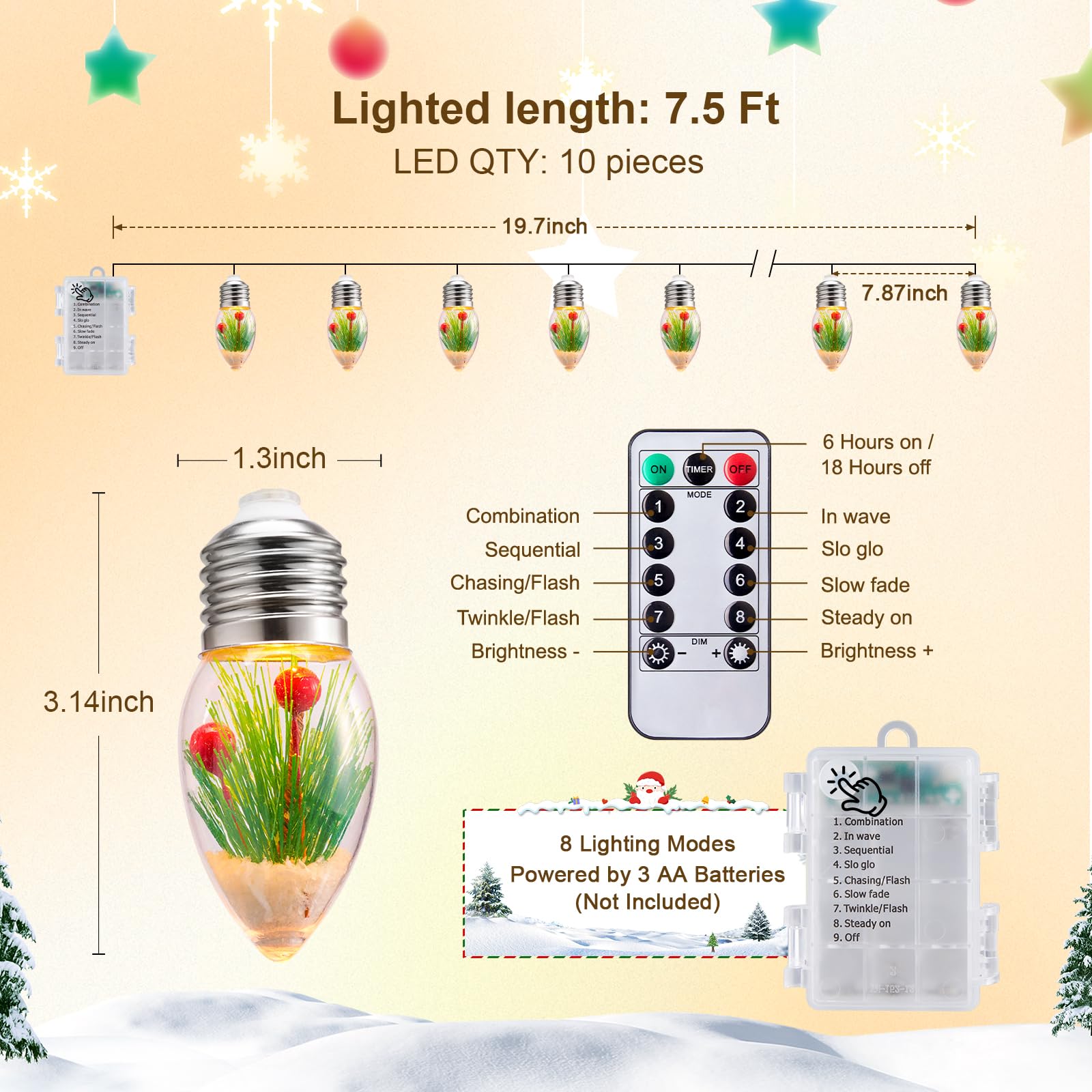 Brightown Christmas Lights Indoor, 7.5Ft Christmas Snow Globe Lights With Berry & Pine Needles,Battery Powered String Lights For