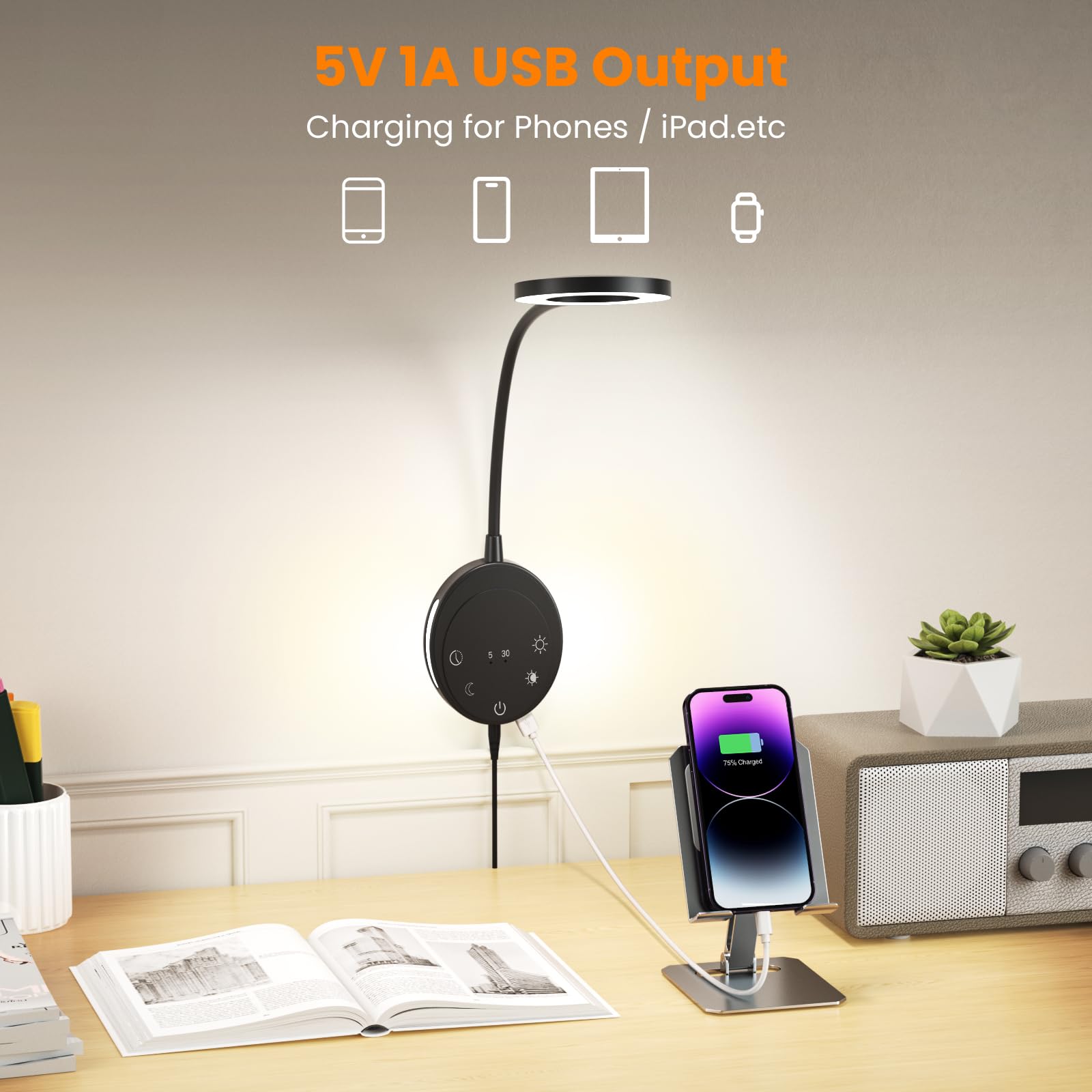 NoeiiT Wall Mounted Reading Light - 5 Color Temps, 5 Dimming Levels, 360° Gooseneck, USB Output, Black