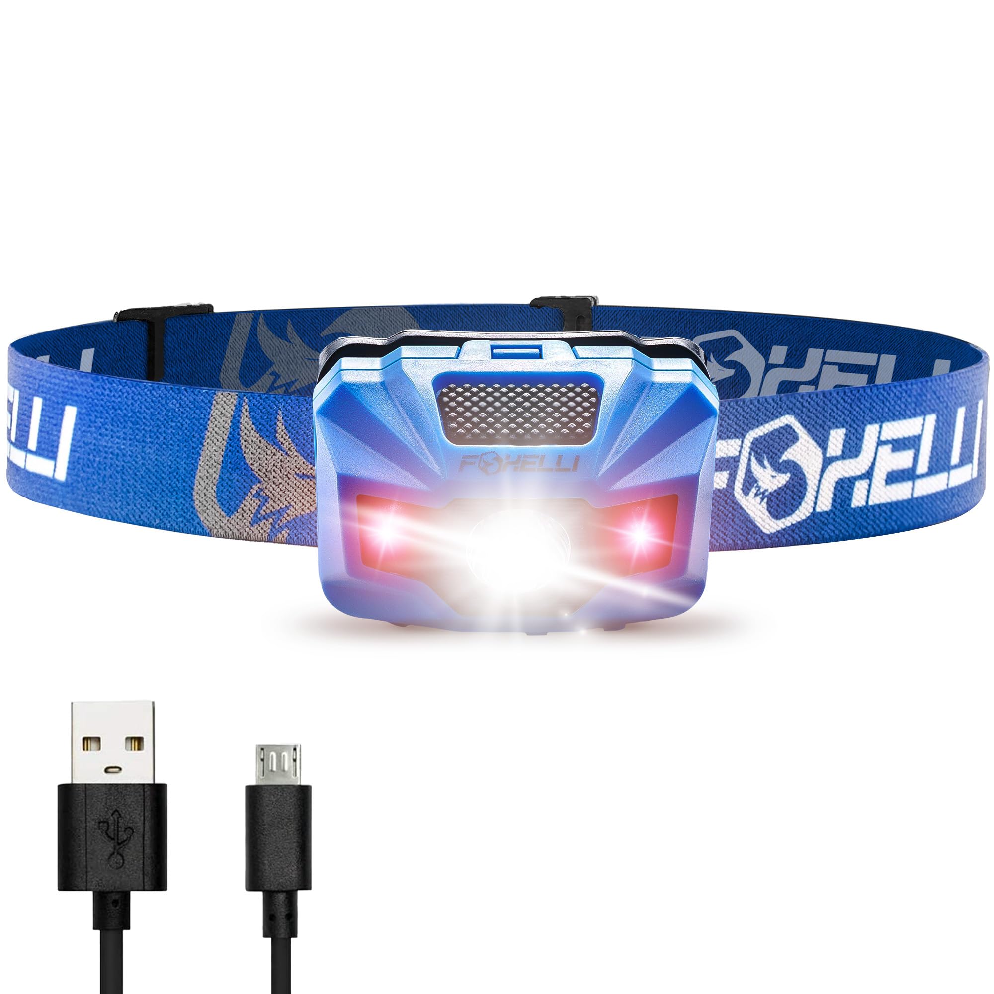Foxelli LED Headlamp - Rechargeable, Waterproof, Red Light, Ultralight, Model MX200N_Child, Blue