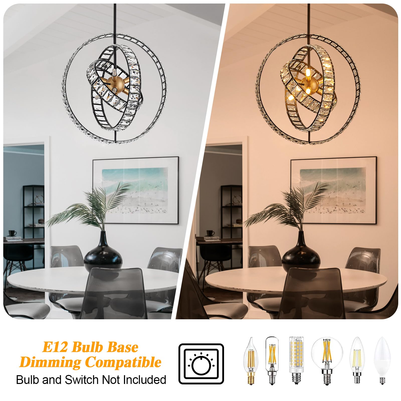 Tacdandm 18" Crystal Globe Sputnik Chandelier, 6-Light Black Gold Modern Adjustable Hanging Ceiling Pendant Light Fixture For Entryway Foyer Stairway Bedroom Dining Living Room Hallway