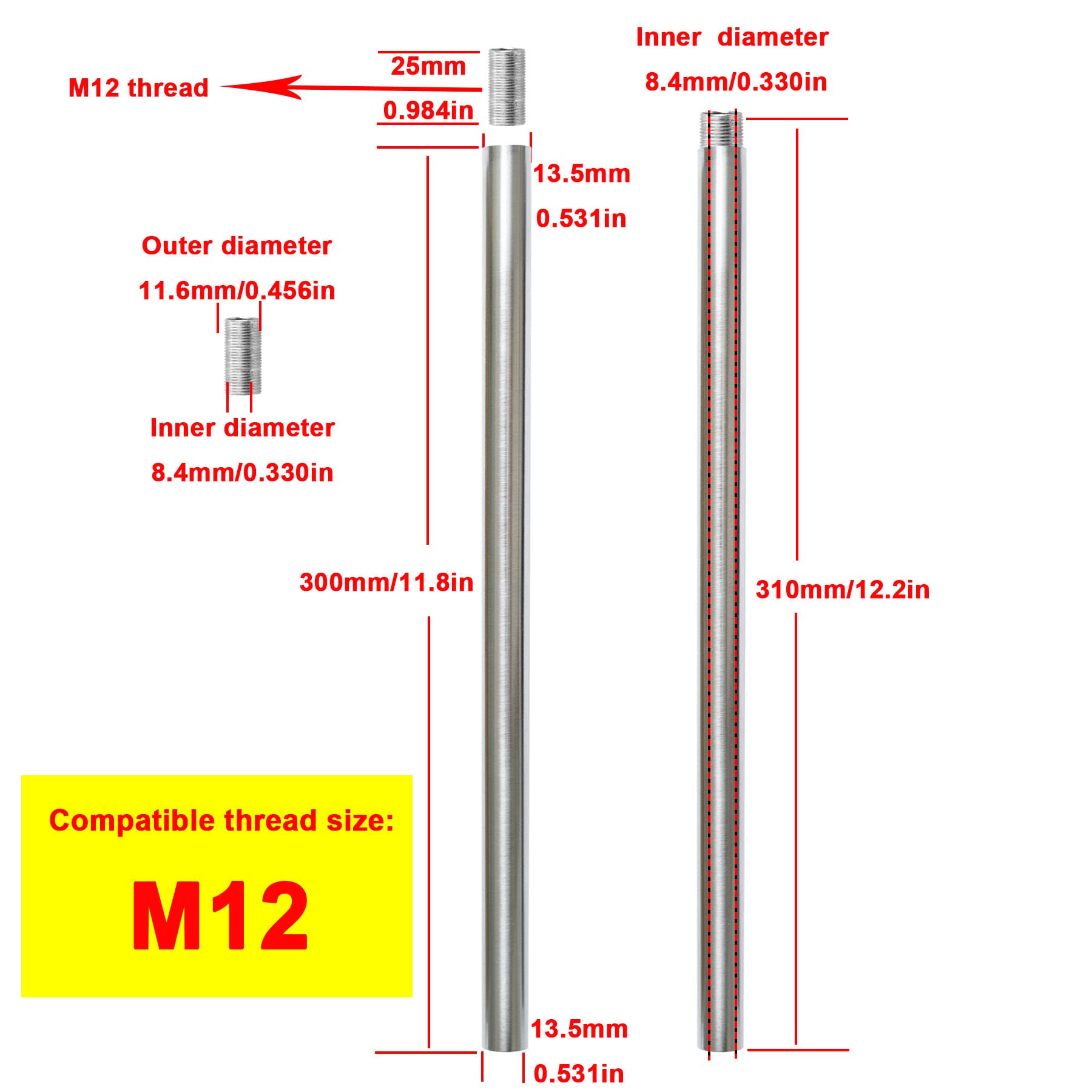 Haligate Brushed Nickel M12 Threaded Extension Rod For Pendant Light, Island Lighting, Chandeliers,Lighting Fixture Downrods & S