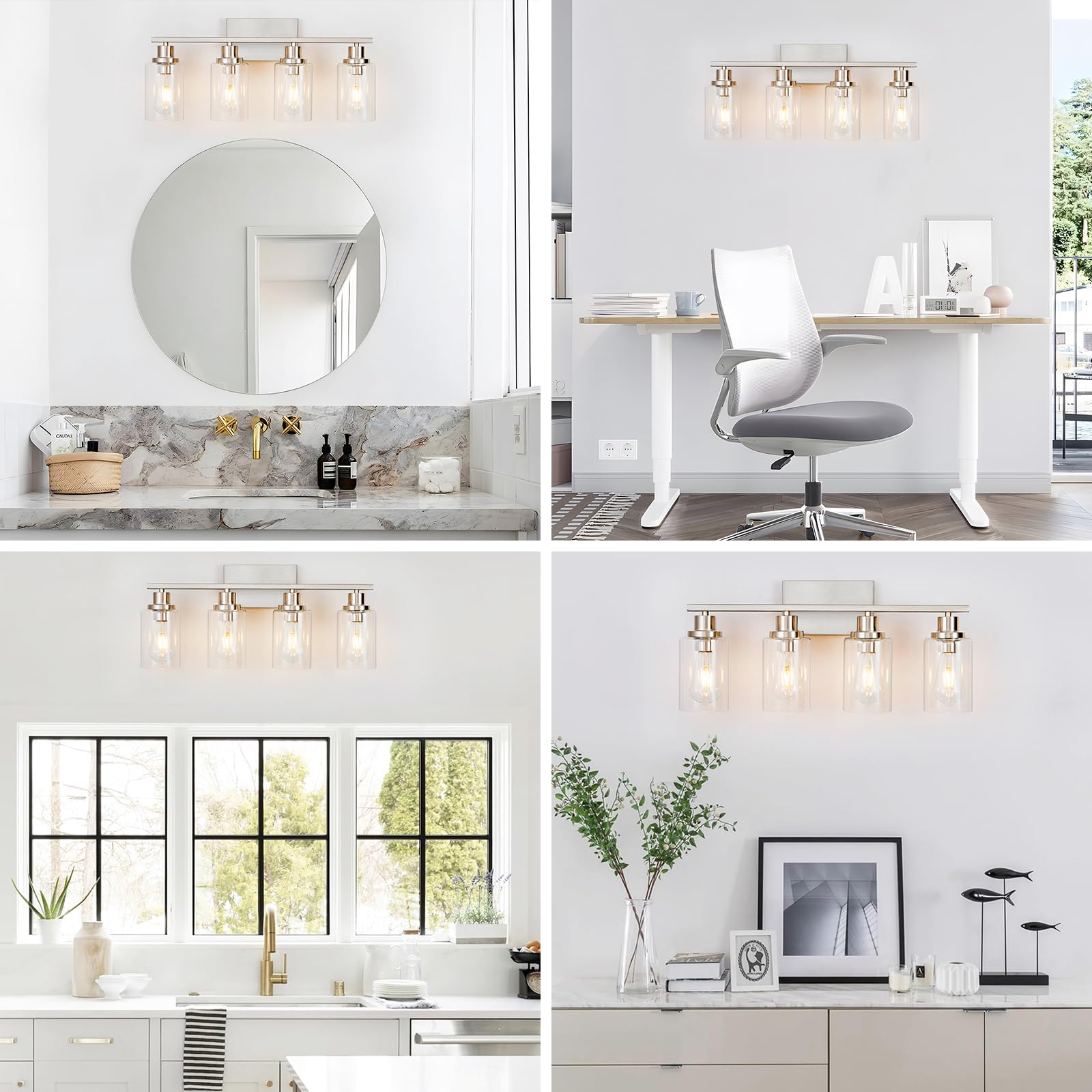 HCCZ 4 Light Bathroom Vanity Light Fixtures Brushed Nickel Glass Shade Model 800-100-1080 for Modern Farmhouse Decor