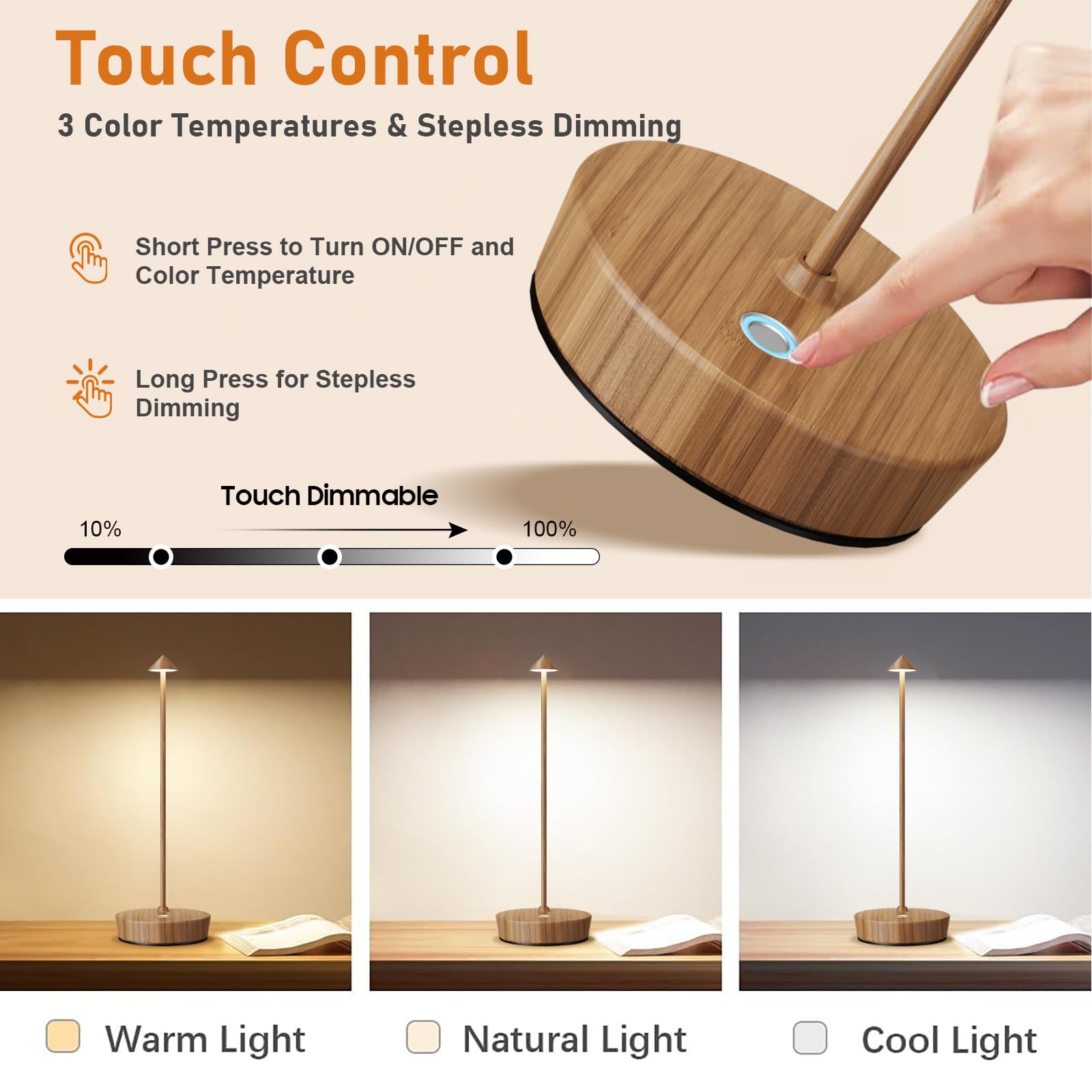 Tpczqj Rechargeable Cordless Table Lamp Set of 2, 6000mAh LED, Touch 3 Color Dimming, Waterproof, Light Woodgrain, Model HT-x12-