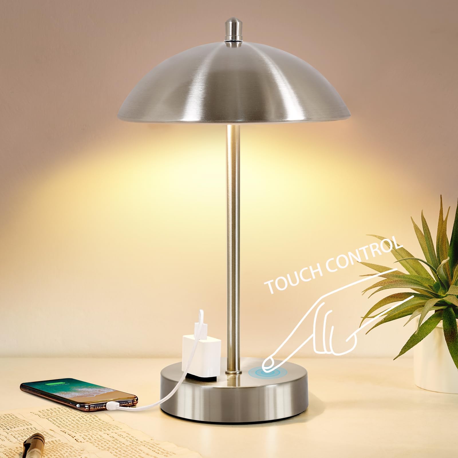 Modern Desk Lamp with AC Adapter,12'' 3-Way Dimmable Touch Bedside Reading Lamp, Minimalist Silver Small Nightstand Table Lamp w