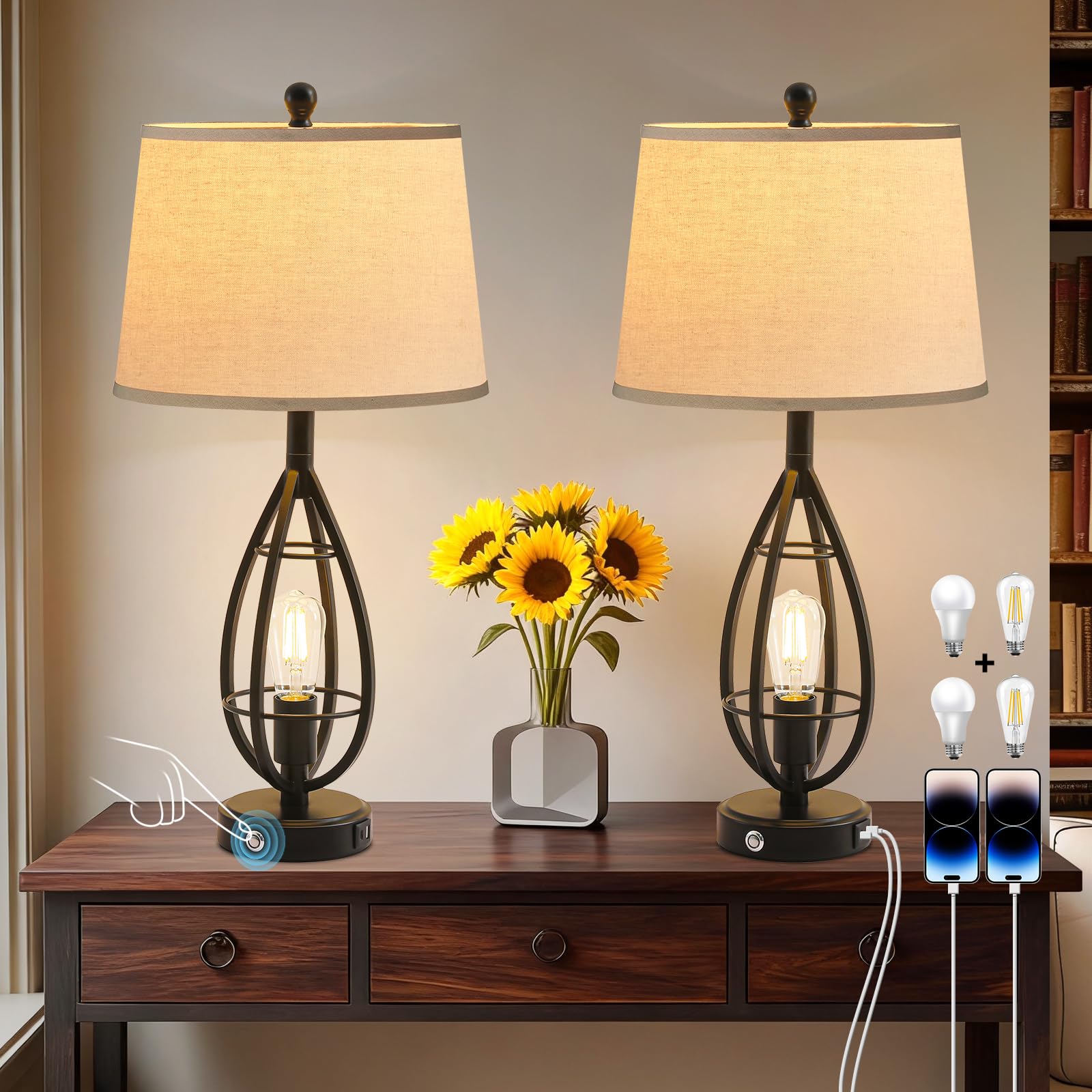 RSKLTTR 27.8 Farmhouse Table Lamps for Living Room Set of 2, Rustic Nightstand Lamps for Bedroom End Tables with USB Ports, 3-Wa