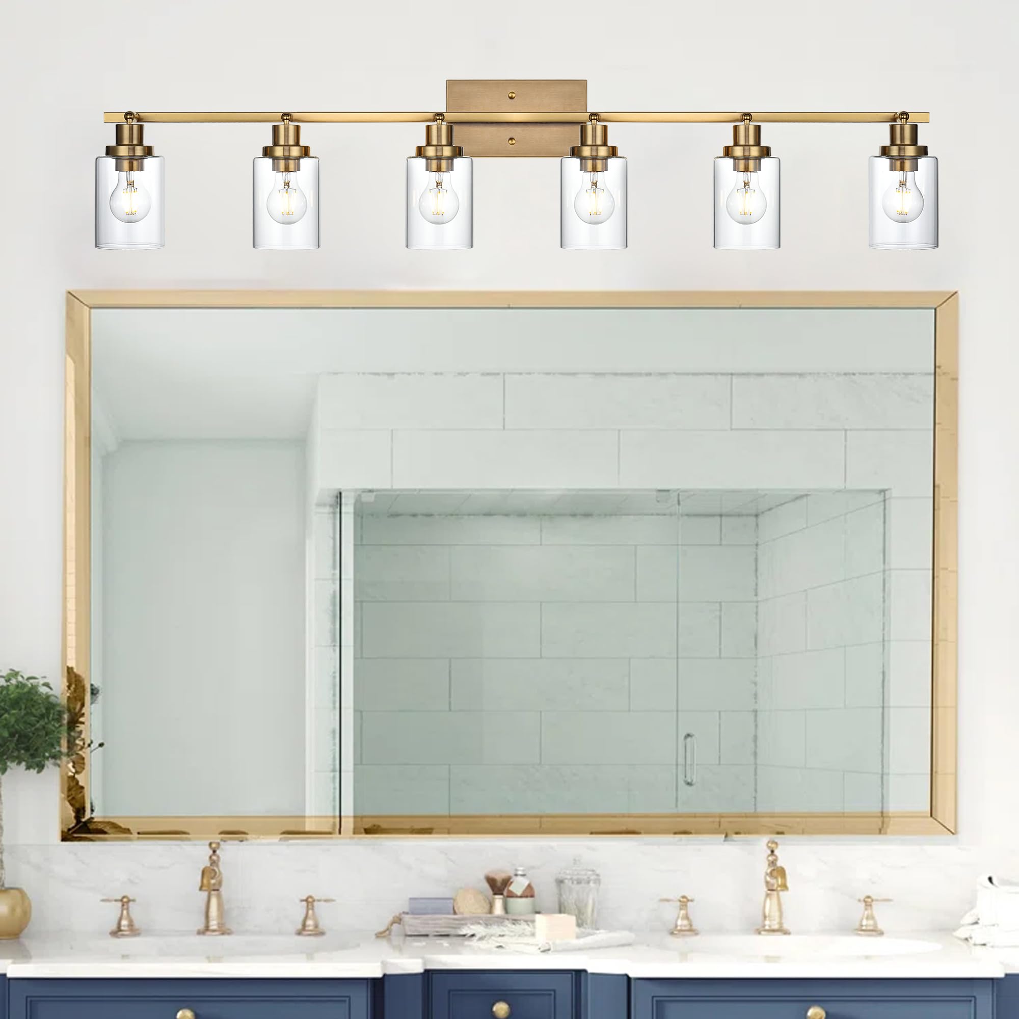 Melucee 6 Light Bathroom Vanity Light Fixtures Multi-Directional Rotating Track Lighting Kit Brass, Ceiling Spotlight Fixture For Kitchen Foyer Bath, Clear Glass Shade