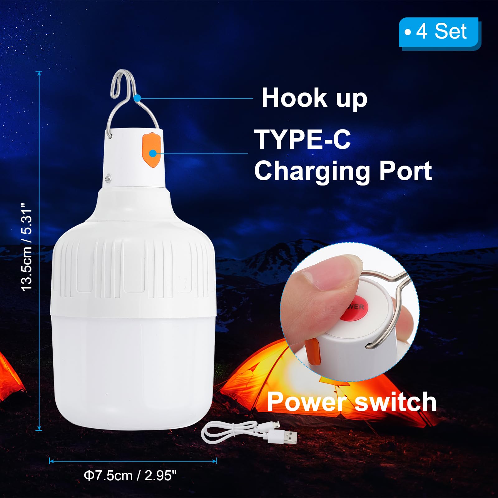 Patikil Camping Lantern  4 Pack Rechargeable Led Tent Lamp Lights Bulb Portable Hanging 3 Lighting Modes 90W With Clip Hook For Camping  Hiking  Fishing  White