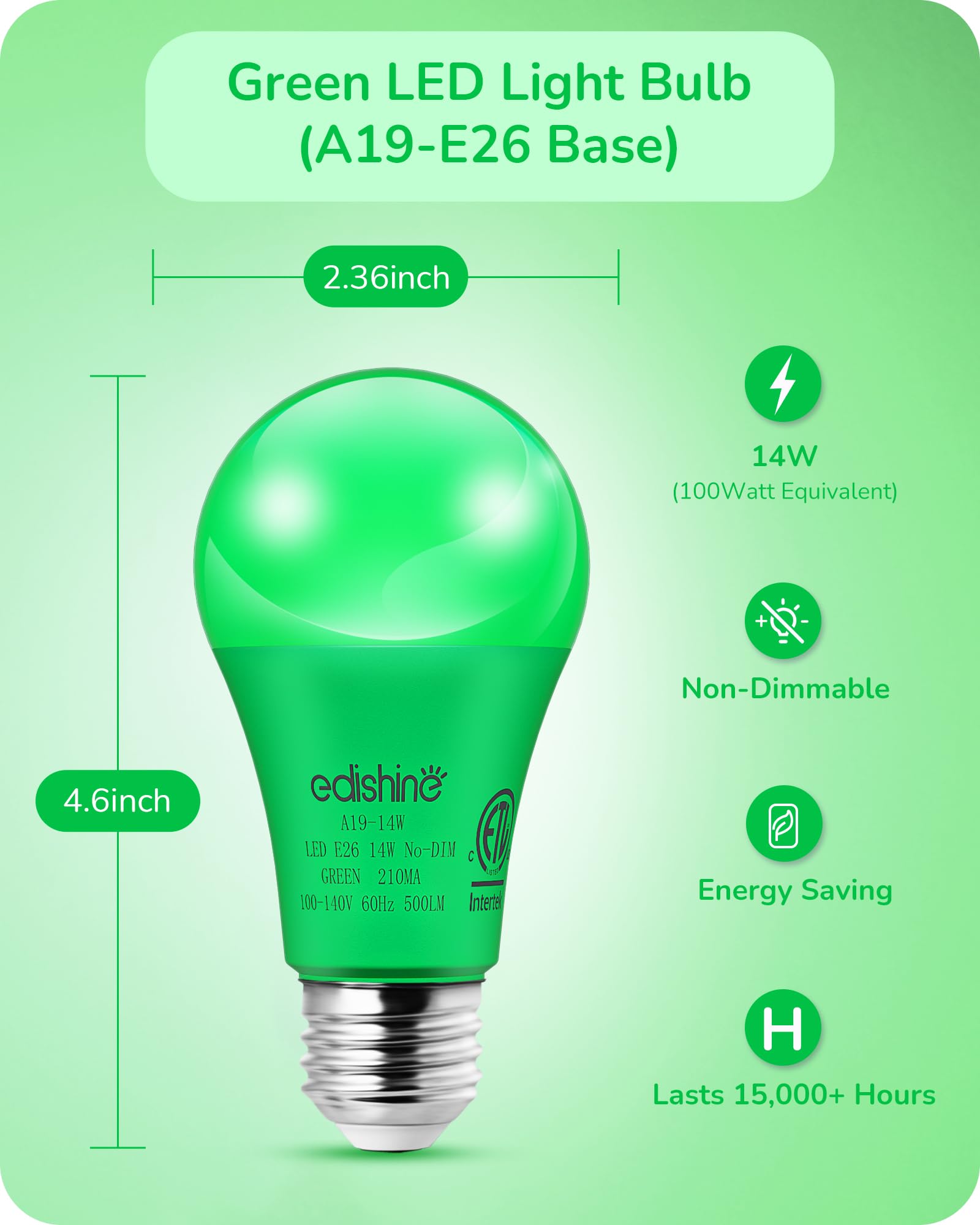 EDISHINE Green LED Light Bulbs, 14W Equivalent, E26 Base, 4 Pack for Christmas Decoration