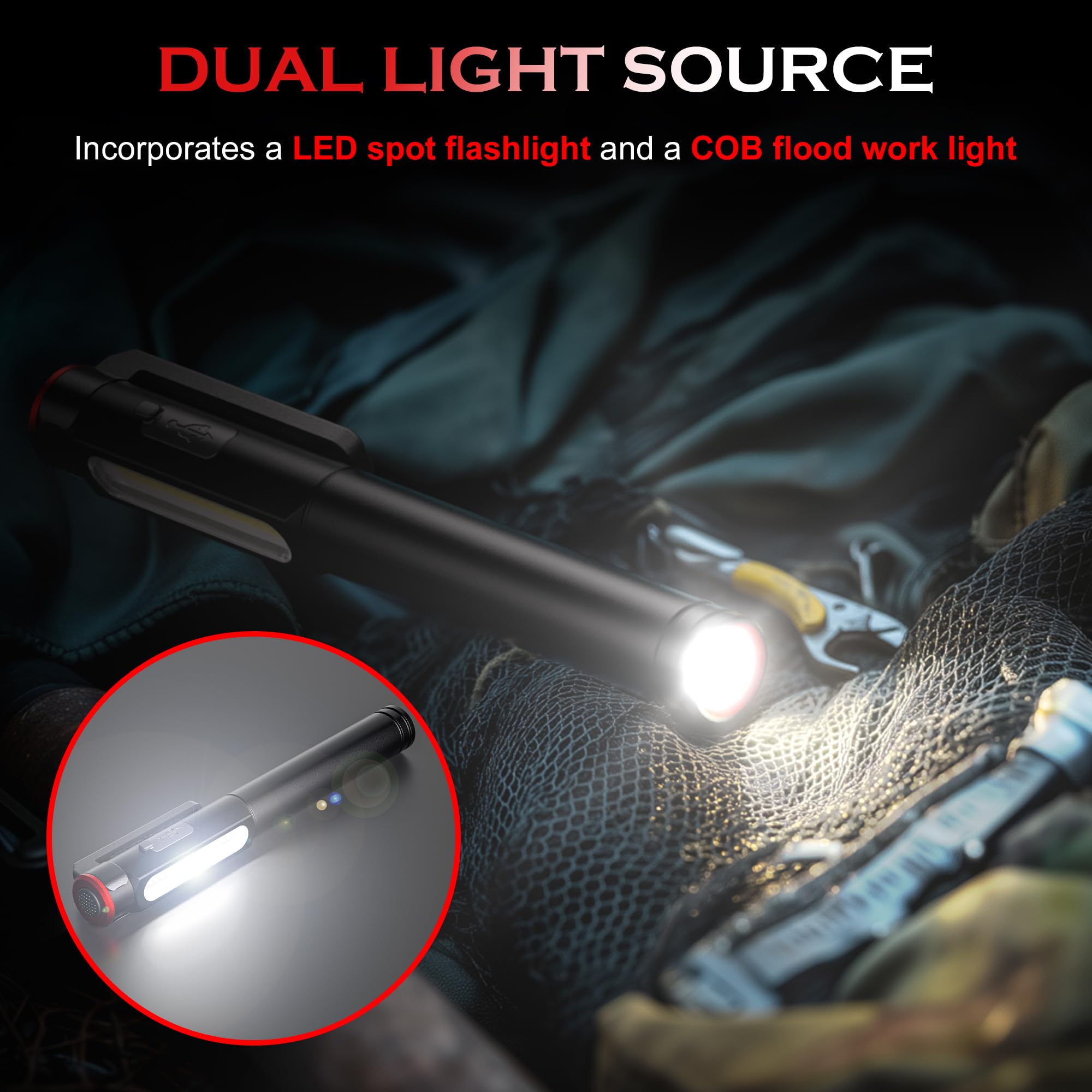 Favourlite 800 Lumens Rechargeable Pen Light Flashlight, 6 Modes, COB, Magnetic, Waterproof, Black, Portable Work Light for Nurses, 5.39in