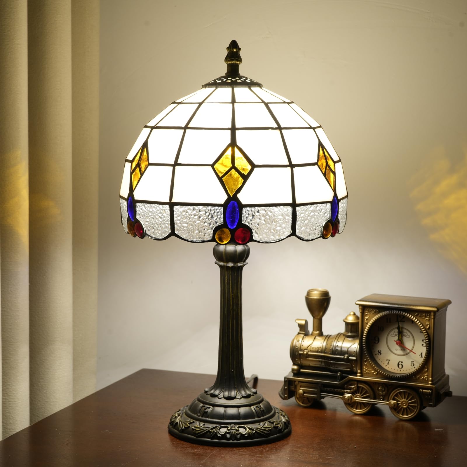 Mediterranean Style Geometric Pattern Small Tiffany Lamp Stained Glass Table Lamp Cute Unique Bedside Nightstand Light Living Ro