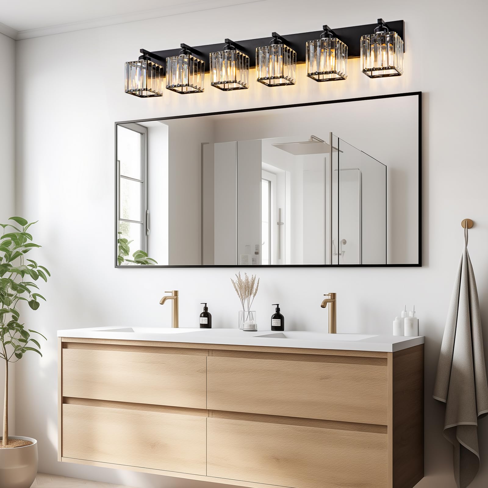 Aixialin 6-Light Black Metal Bathroom Vanity Light Fixture, Modern Crystal Design, Over Mirror Wall Sconce, Model 600-100-1015
