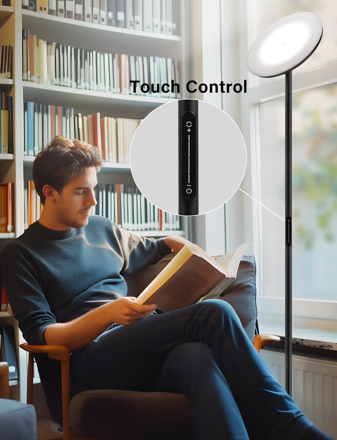 PreeOtti Modern LED Floor Lamp - 40W Dimmable Sky Torchiere, Remote & Touch Control, Large, Black