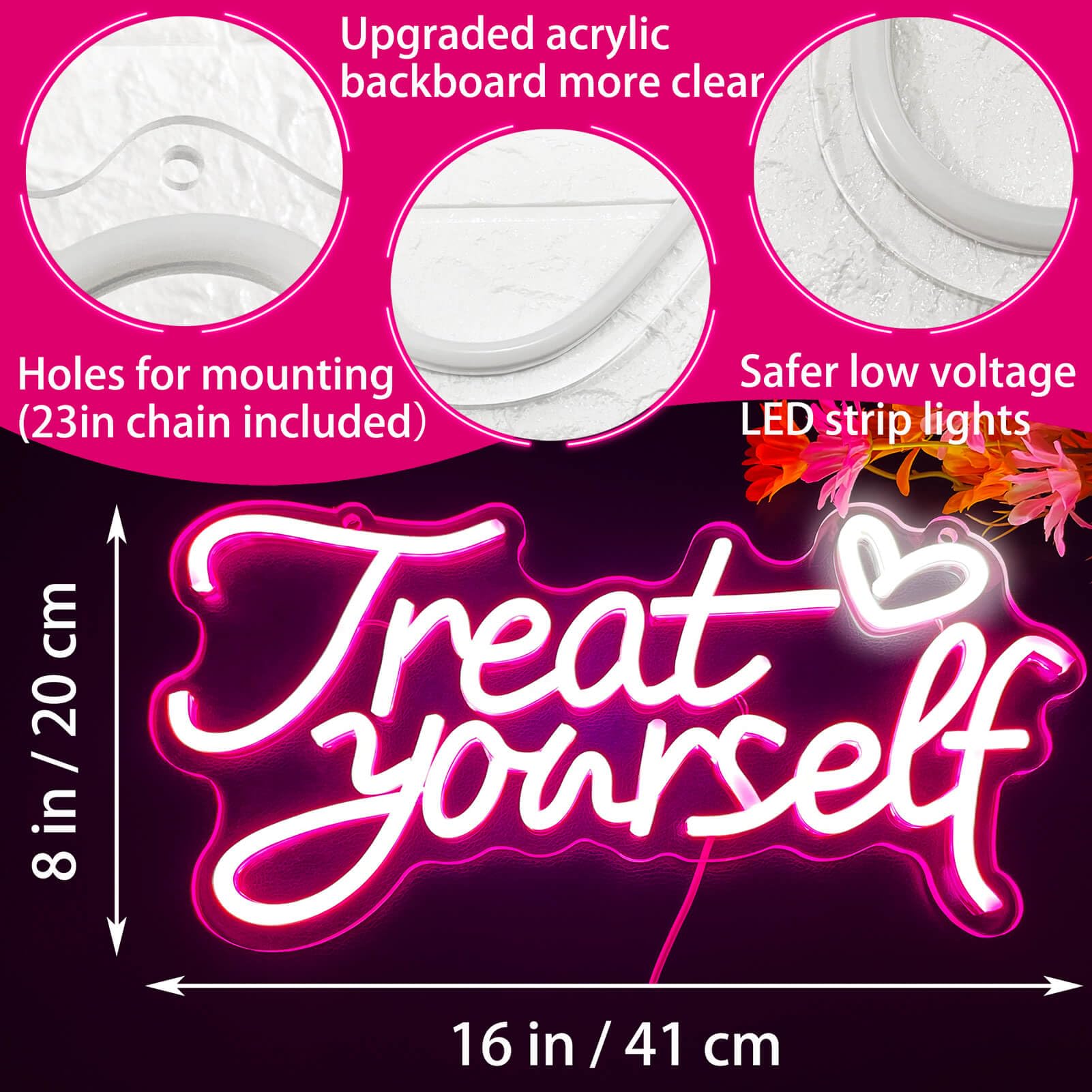 HOHOSIGN LED Neon Sign - Treat Yourself Light with Heart, 16x8in, Pink Acrylic Wall Decor for Bedroom, Party, Salon, Home