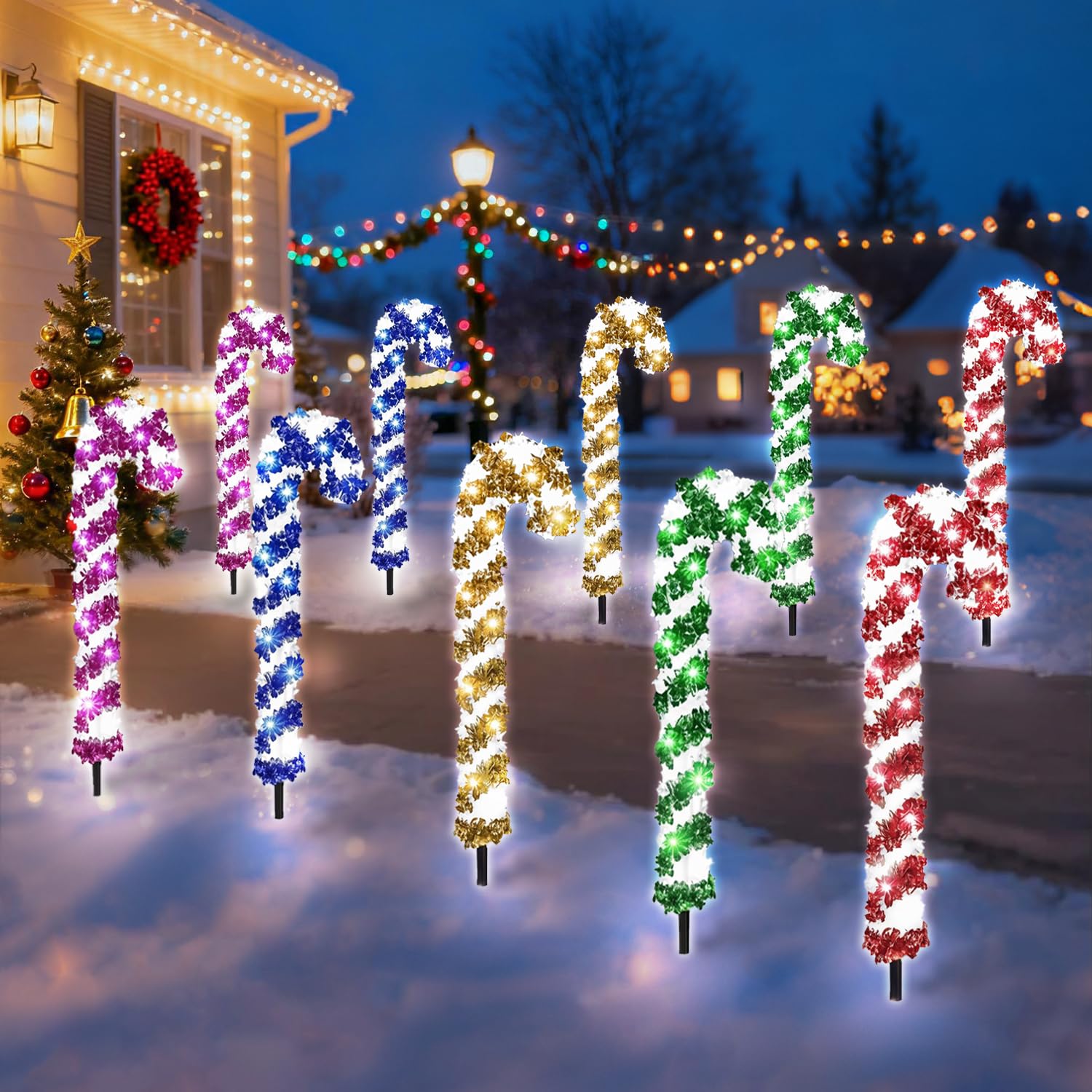 FANPROMS 10 Pcs Christmas Candy Cane Lights 21 Multicolor Candy Cane Pathway Light with 8 Lighting Modes Waterproof Christmas Pathway Lights with Stakes for Walkway Patio Yard Lawn Garden Decoration