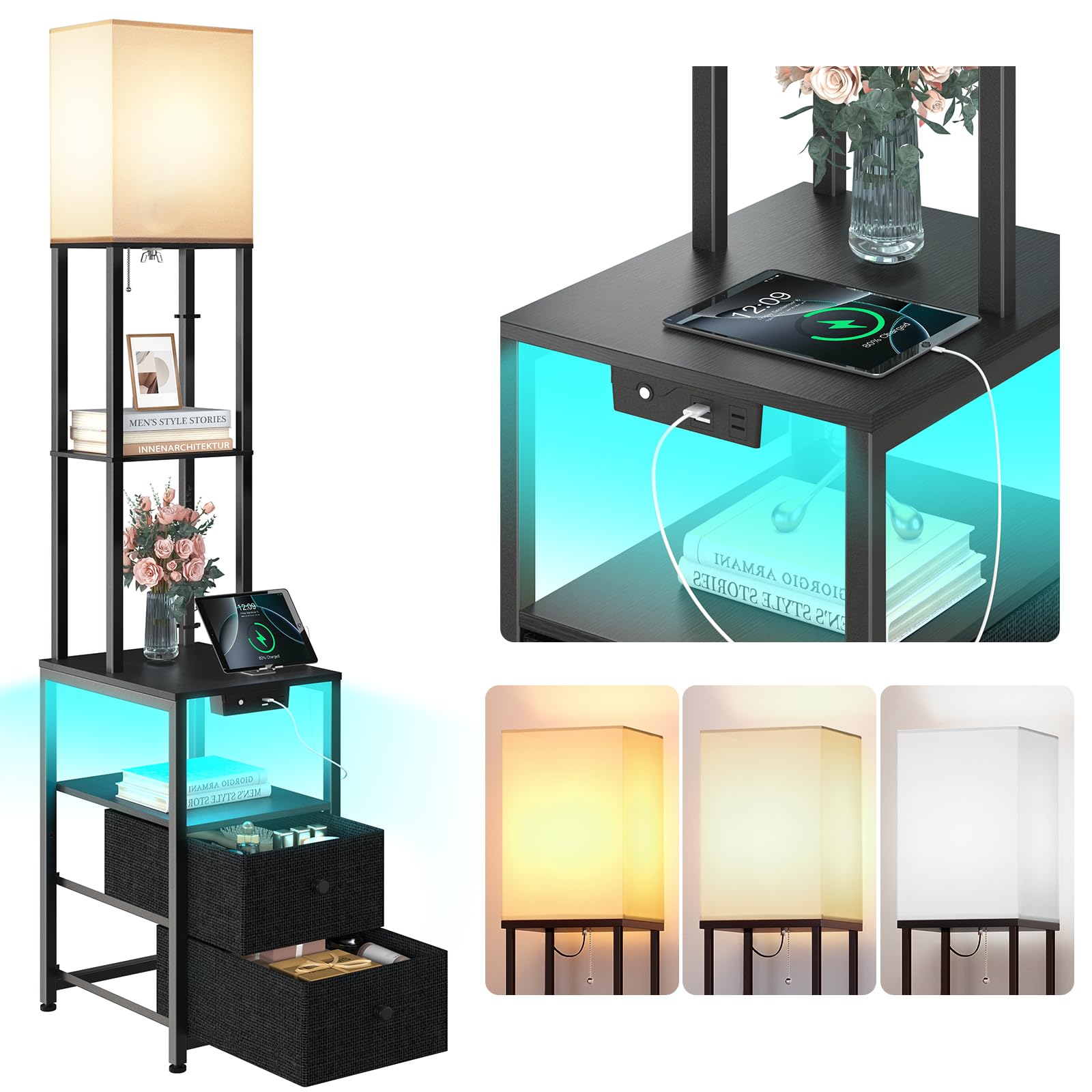 Addlon Floor Lamp With Night-Light Mode (11 Colors & Memory), 2 Usb Ports + 1 Ac Outlet, Two Drawers, 3-Color Temperature Led Bu