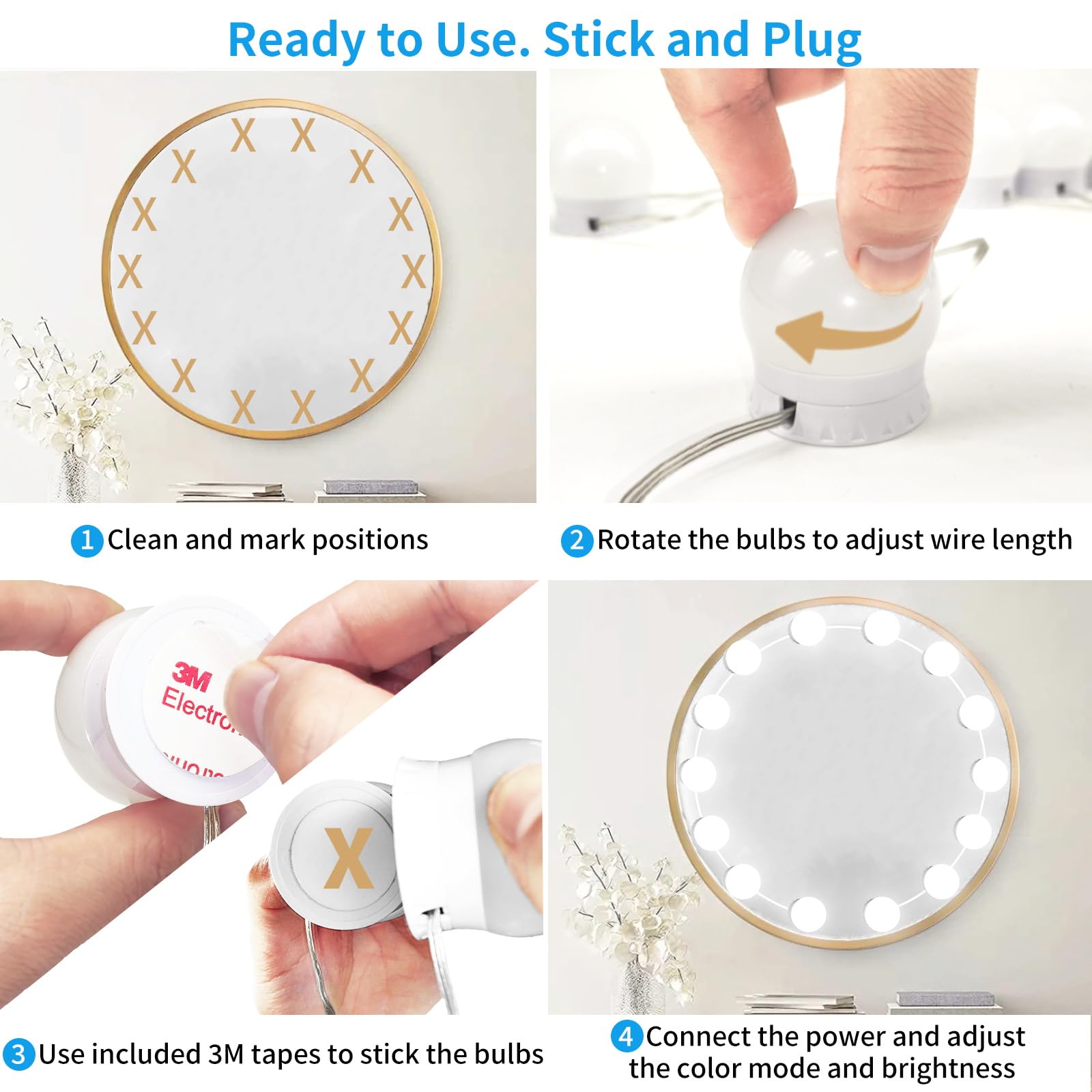 Led Vanity Mirror Lights With 14 Dimmable Bulbs, 3000K 4500K 6500K & 10 Brightness Levels Adjustable, Plug In Usb Cable, Hollywo