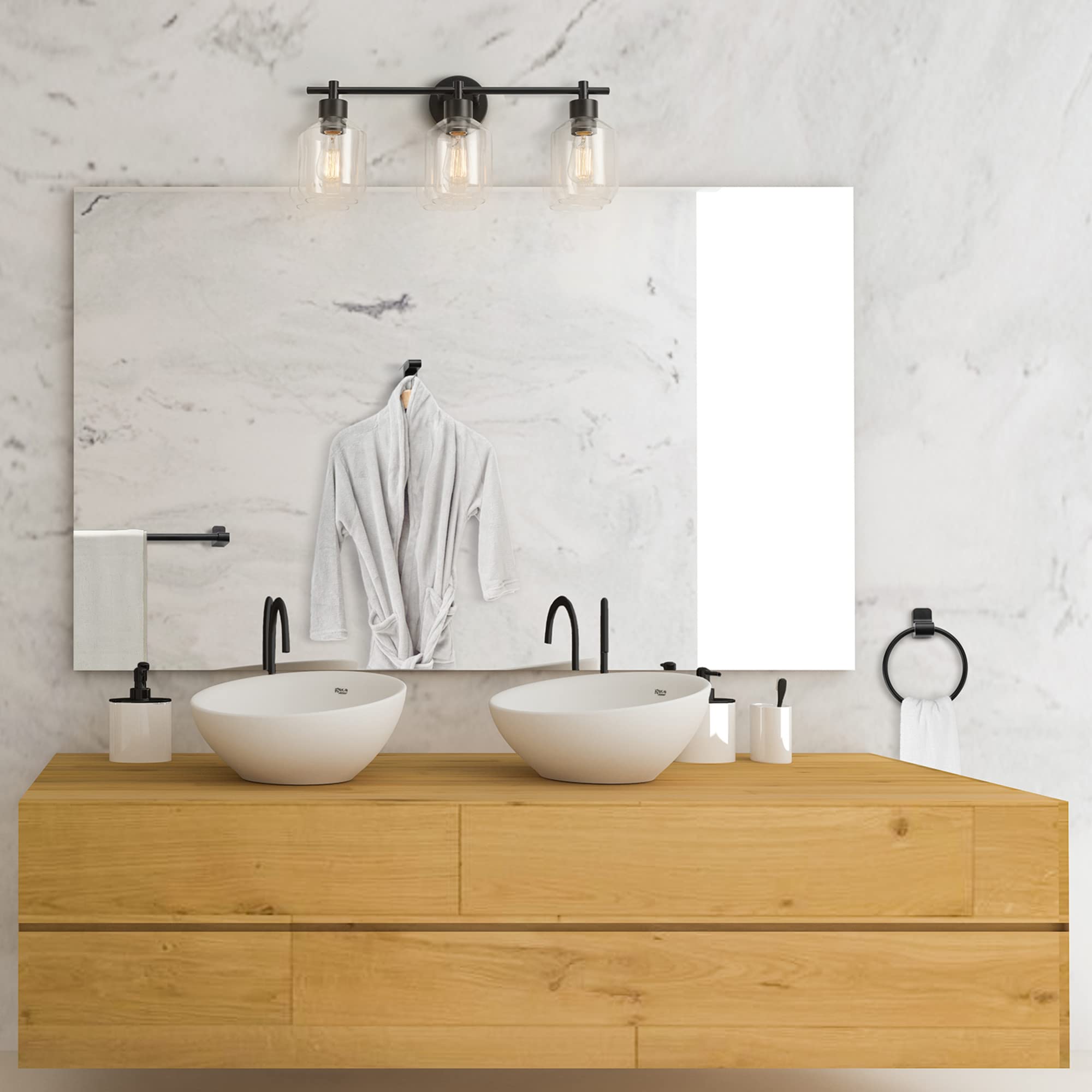 Globe Electric Cannes 5-Piece Bathroom Set, Matte Black, 3-Light Vanity Light, Metal, Model 65556