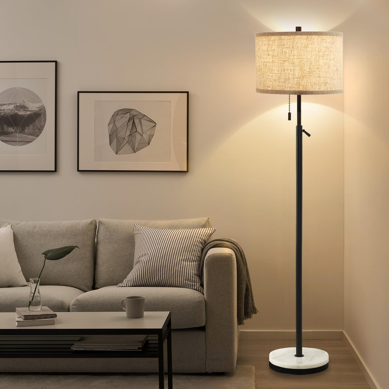 GyroVu Adjustable Height Marble Floor Lamp, Black, Pull Chain Switch, for Living Room & Office