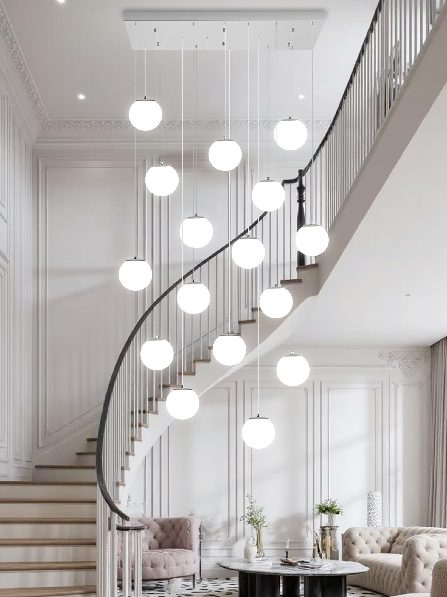 ykolupty 16-Light Large Chandelier with White Globe Glass Dimmable Ceiling Light Glass Pendant Light for Kitchen Island, Dining 