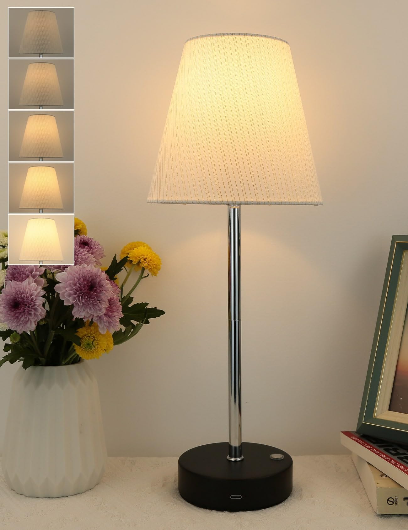 Cordless Lamp  15 Small Rechargeable Table Lamps 5000mAh Touch Control Brightness Stepless Dimmable Battery Operated Mini Fabric Shade Lamps for Living Room Dining Kitchen Counter Bedside Xmas Gift